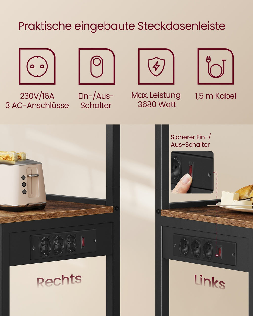 Kaffeebar mit 4 Ebenen und 8 S-Haken vintagebraun-tintenschwarz