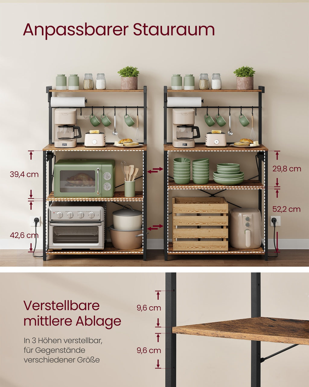 Kaffeebar mit 4 Ebenen und 8 S-Haken vintagebraun-tintenschwarz