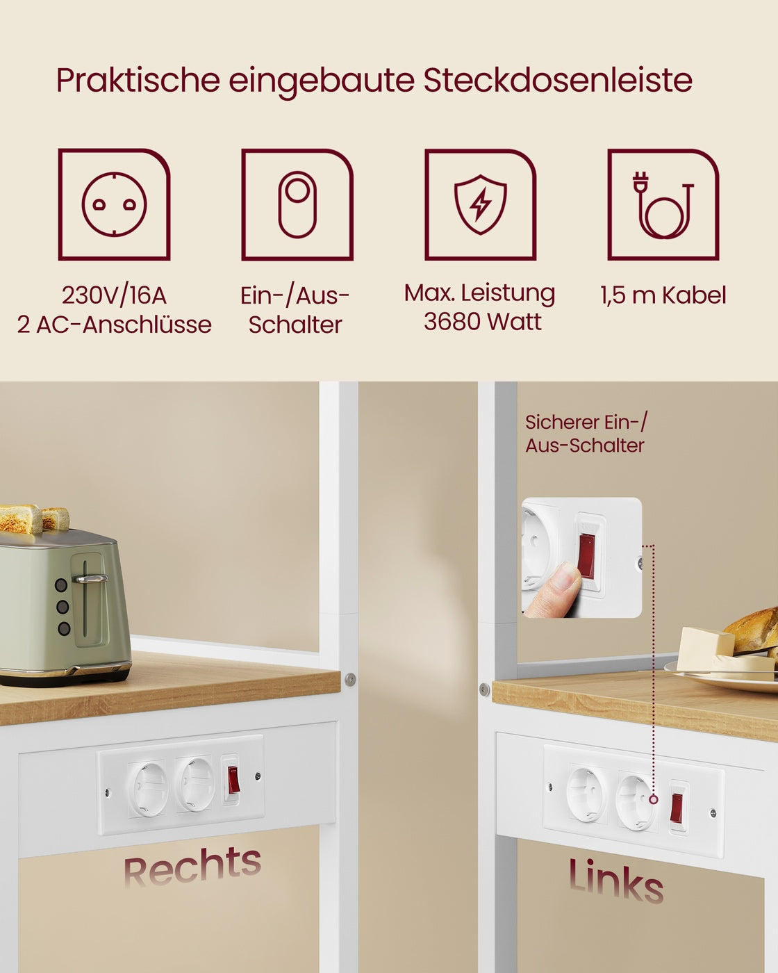 Küchenregal stehend mit 4 Regalebenen und 8 Haken goldeichenfarben-wolkenweiß