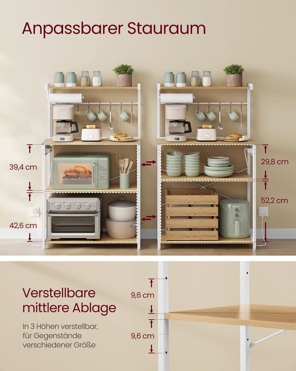 Küchenregal stehend mit 4 Regalebenen und 8 Haken goldeichenfarben-wolkenweiß