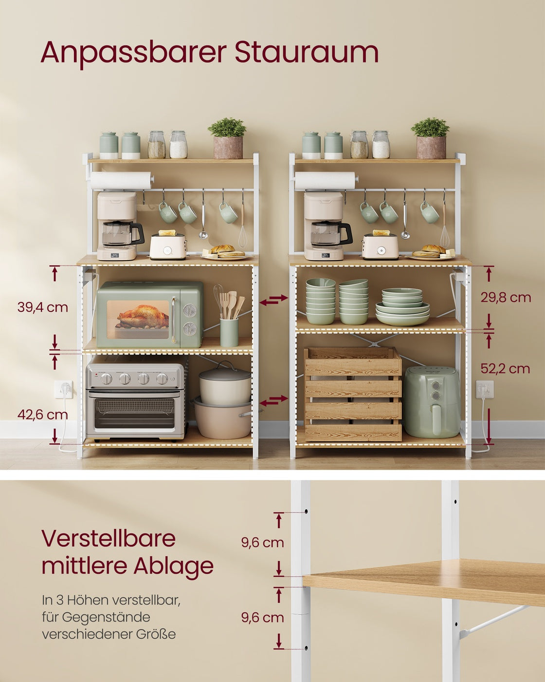 Küchenregal stehend mit 4 Regalebenen und 8 Haken goldeichenfarben-wolkenweiß
