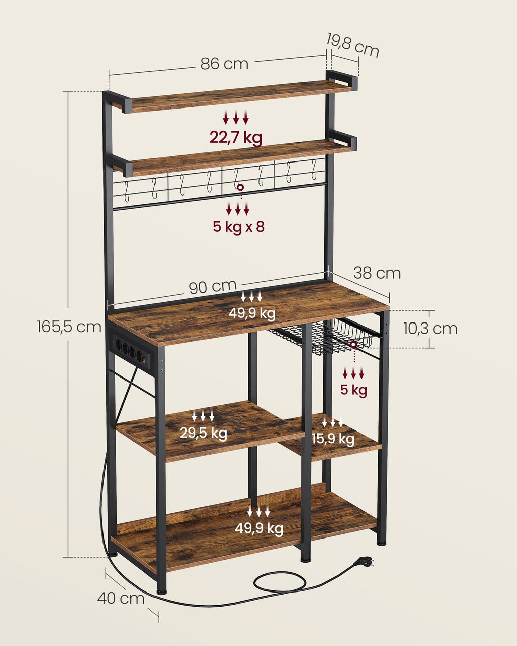Standregal mit Steckdosen und Korb vintagebraun-tintenschwarz
