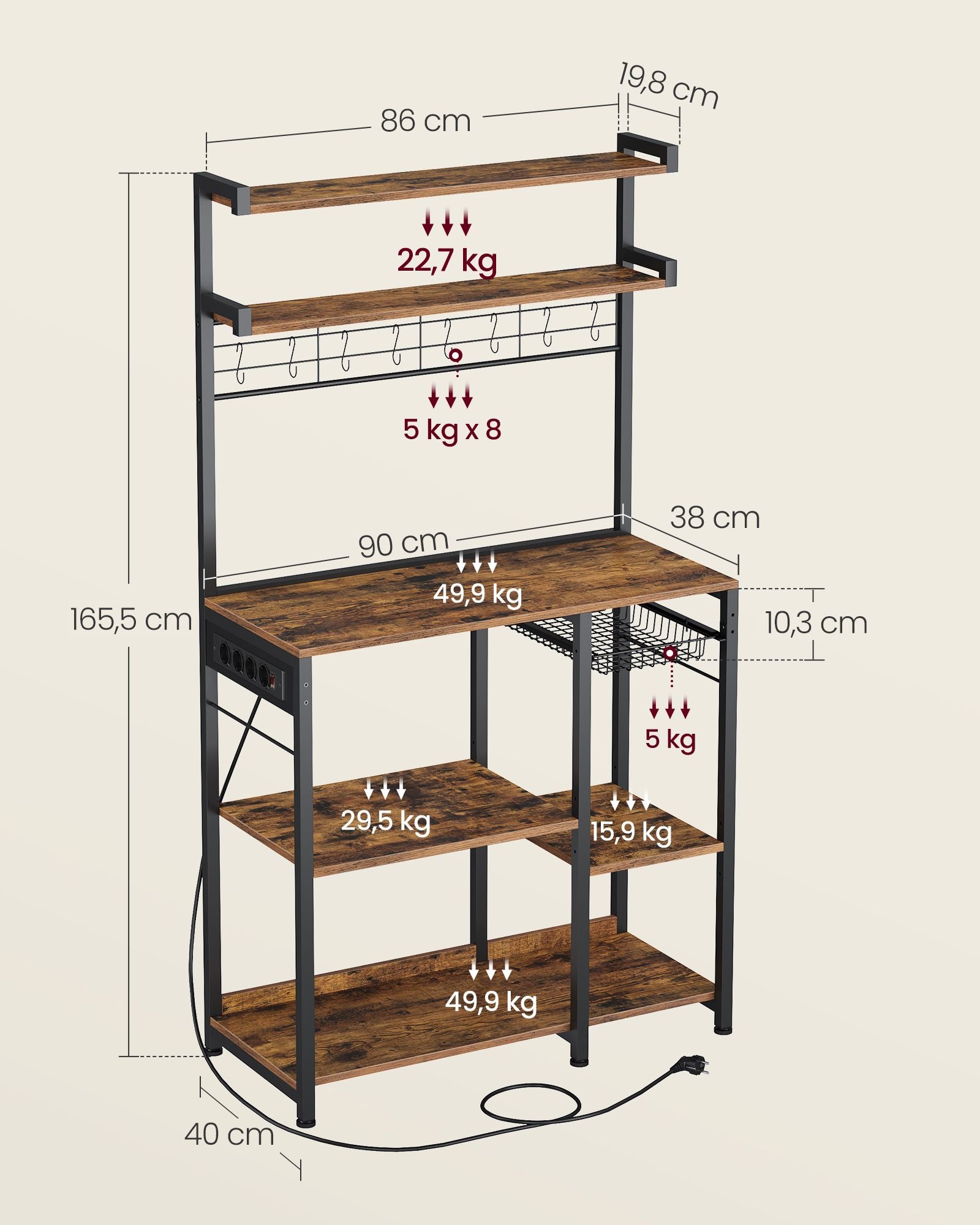 Standregal mit Steckdosen und Korb vintagebraun-tintenschwarz