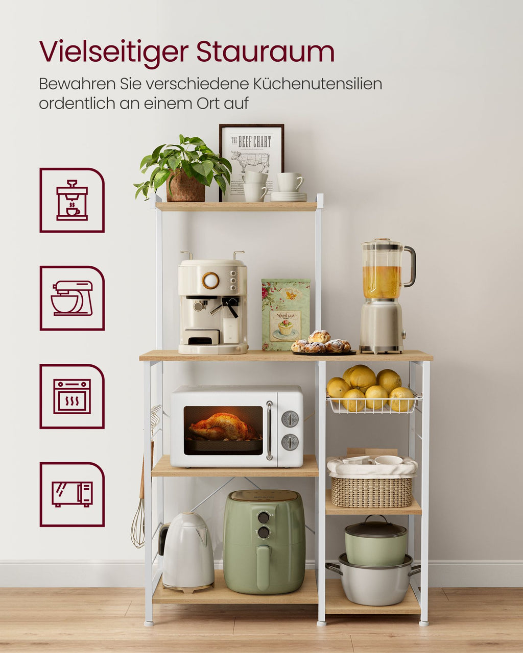 Küchenregal mit Metallkorb eichenbeige-klassikweiß