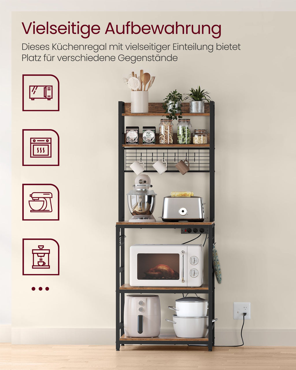Küchenregal mit Steckdosen vintagebraun-schwarz