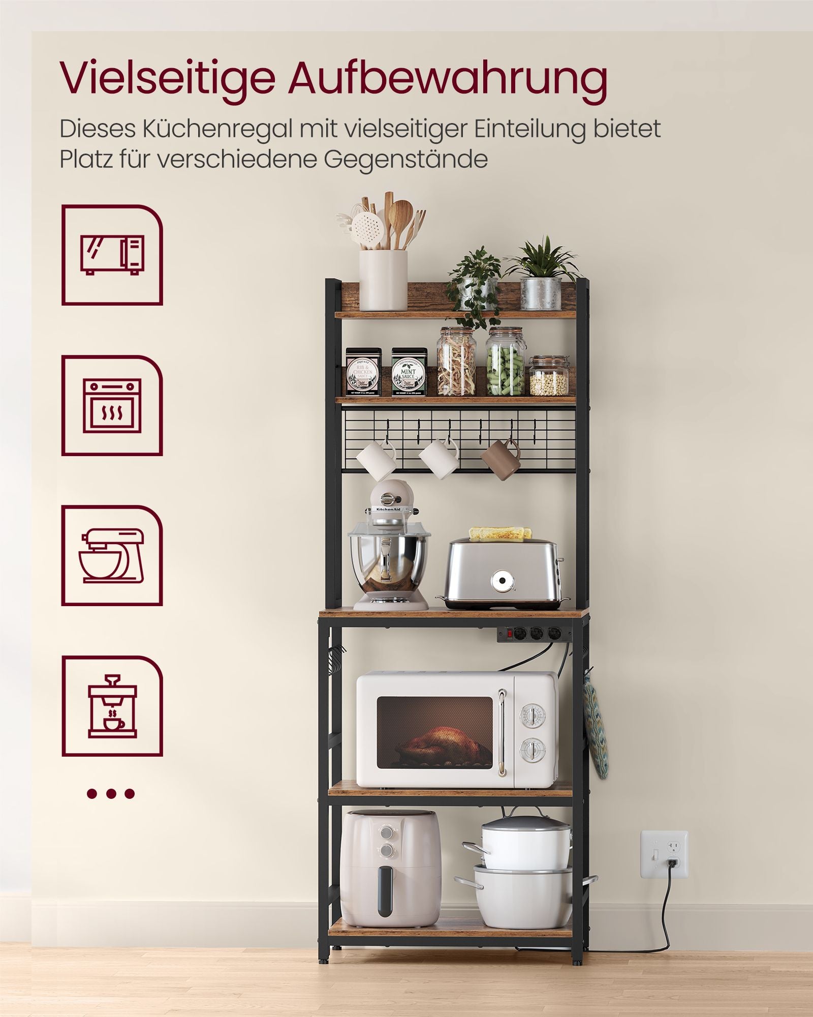 Küchenregal mit Steckdosen vintagebraun-schwarz