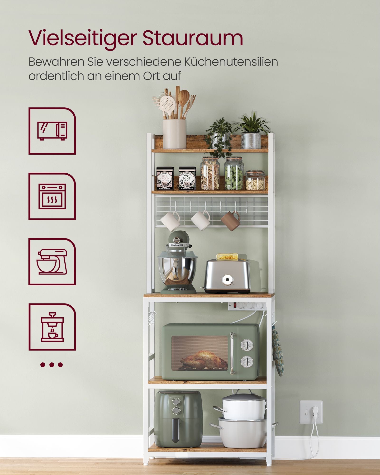 Standregal mit Steckdosen 14 Haken walnussbraun-weiß