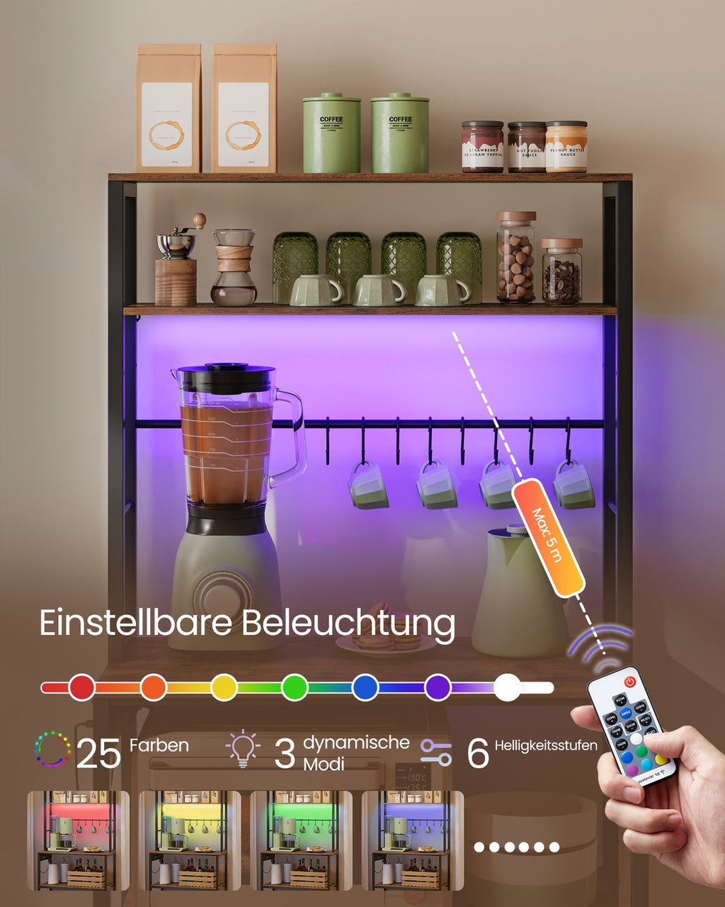 Küchenregal mit LED-Beleuchtung und Steckdosen vintagebraun-mattschwarz