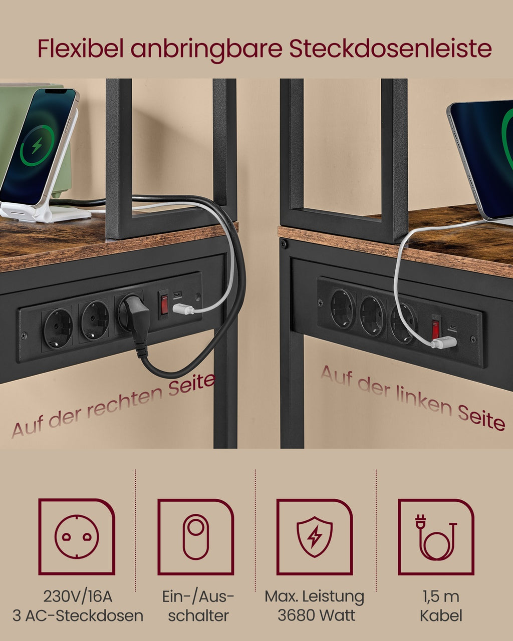Küchenregal mit LED-Beleuchtung und Steckdosen vintagebraun-mattschwarz