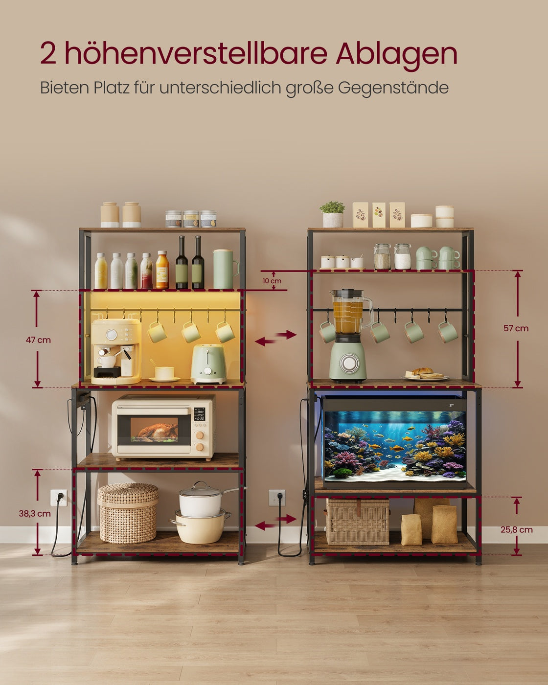 Küchenregal mit LED-Beleuchtung und Steckdosen vintagebraun-mattschwarz