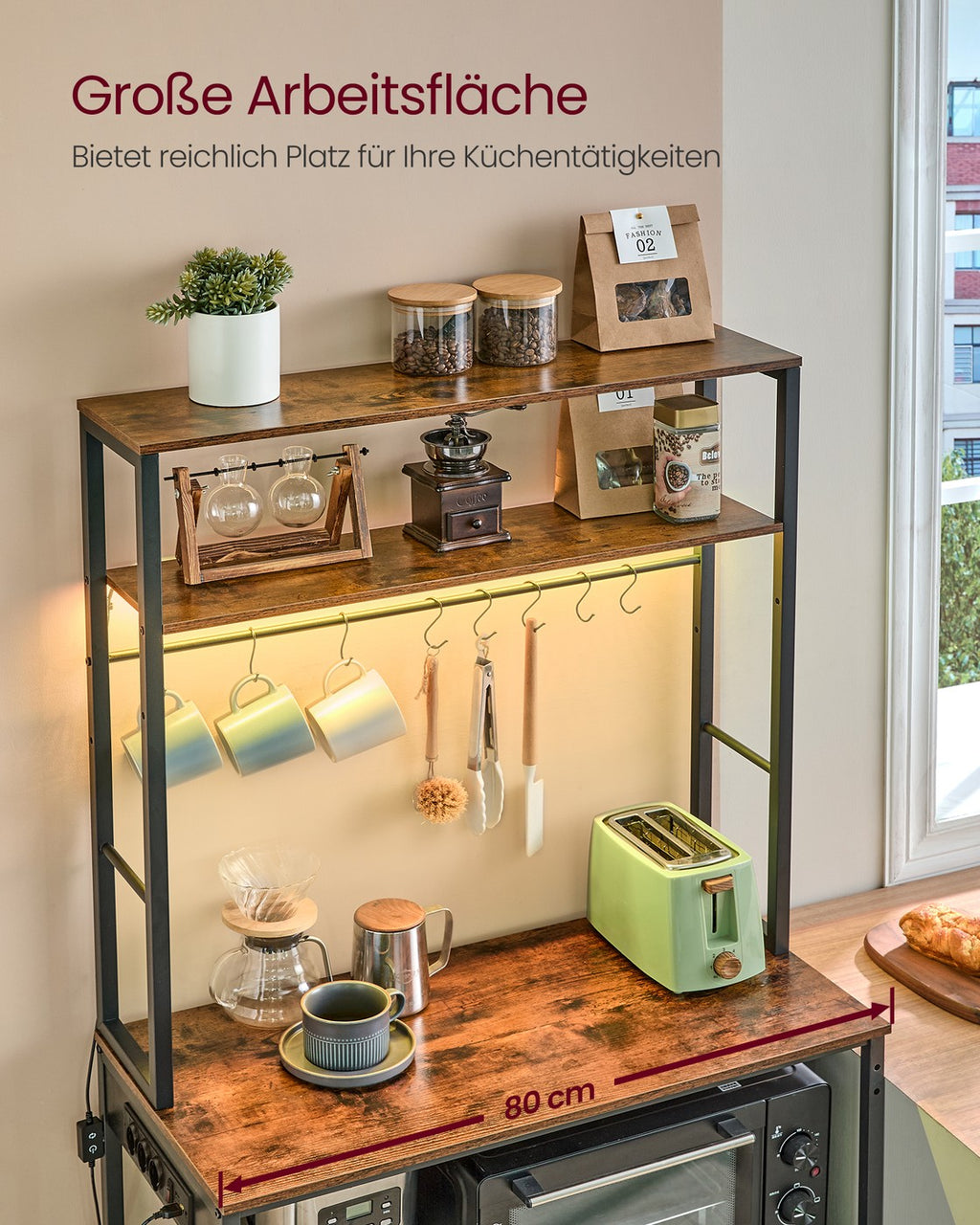 Küchenregal mit LED-Beleuchtung und Steckdosen vintagebraun-mattschwarz
