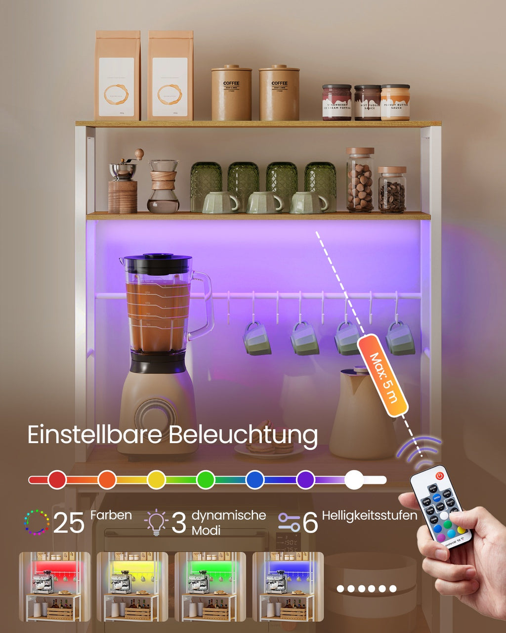 Küchenregal mit LED-Beleuchtung und Steckdosen goldeichenfarben-mattweiß