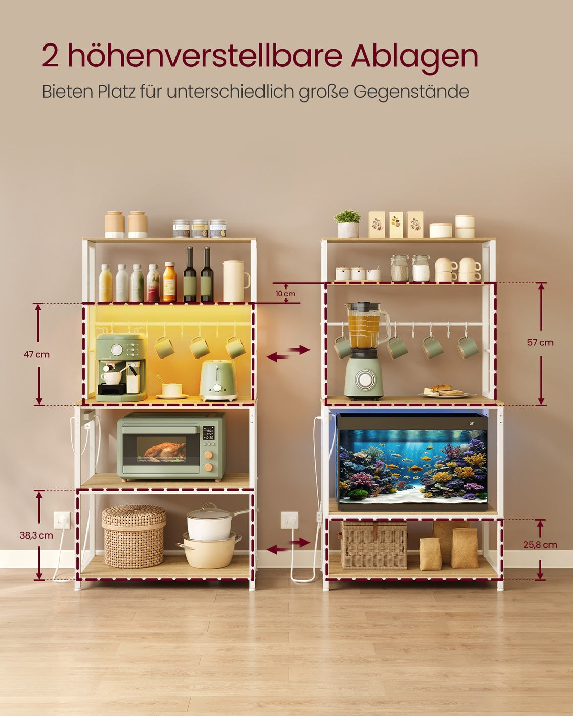 Küchenregal mit LED-Beleuchtung und Steckdosen goldeichenfarben-mattweiß