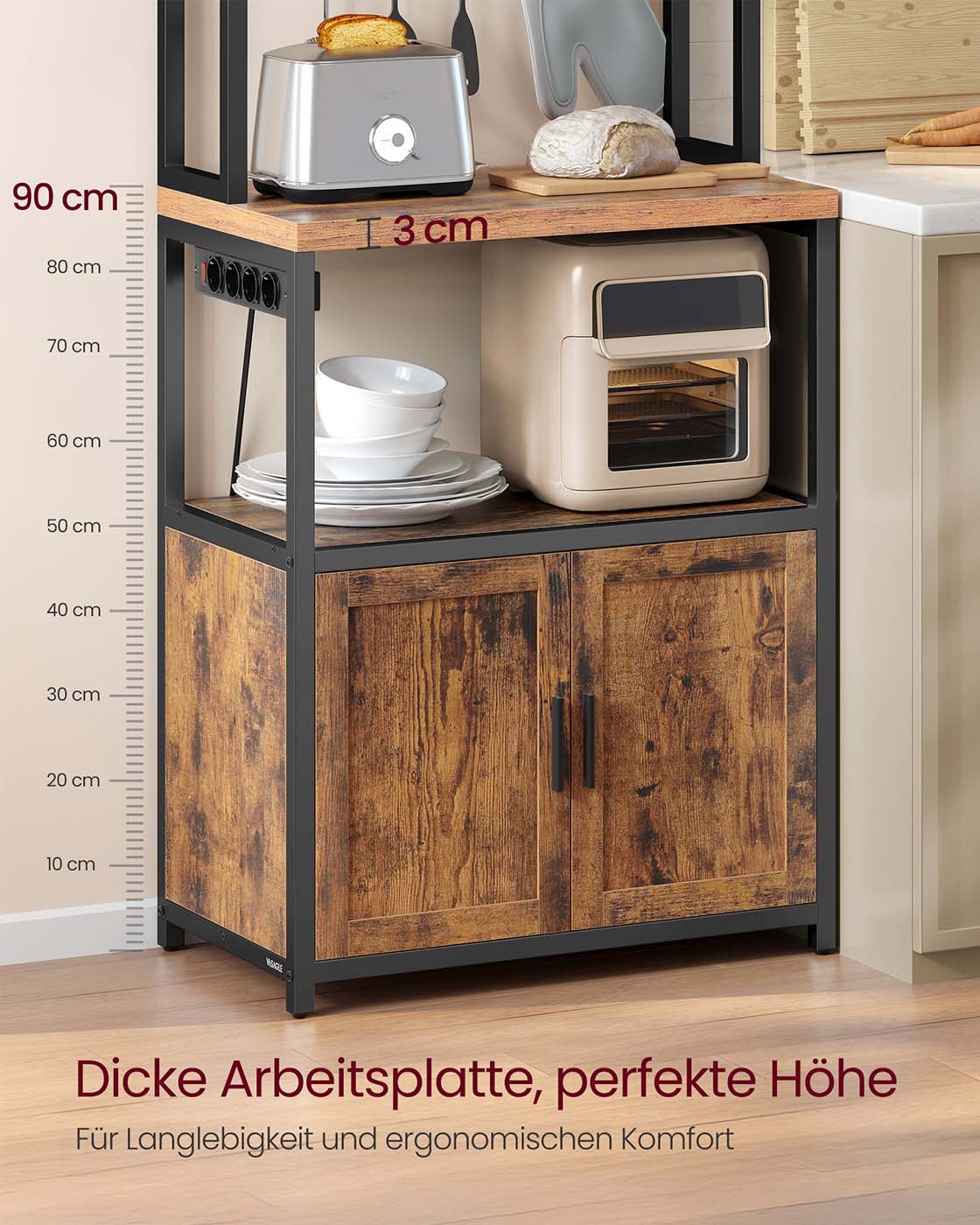 Küchenregal mit Steckdosen und Haken für praktische Aufbewahrung