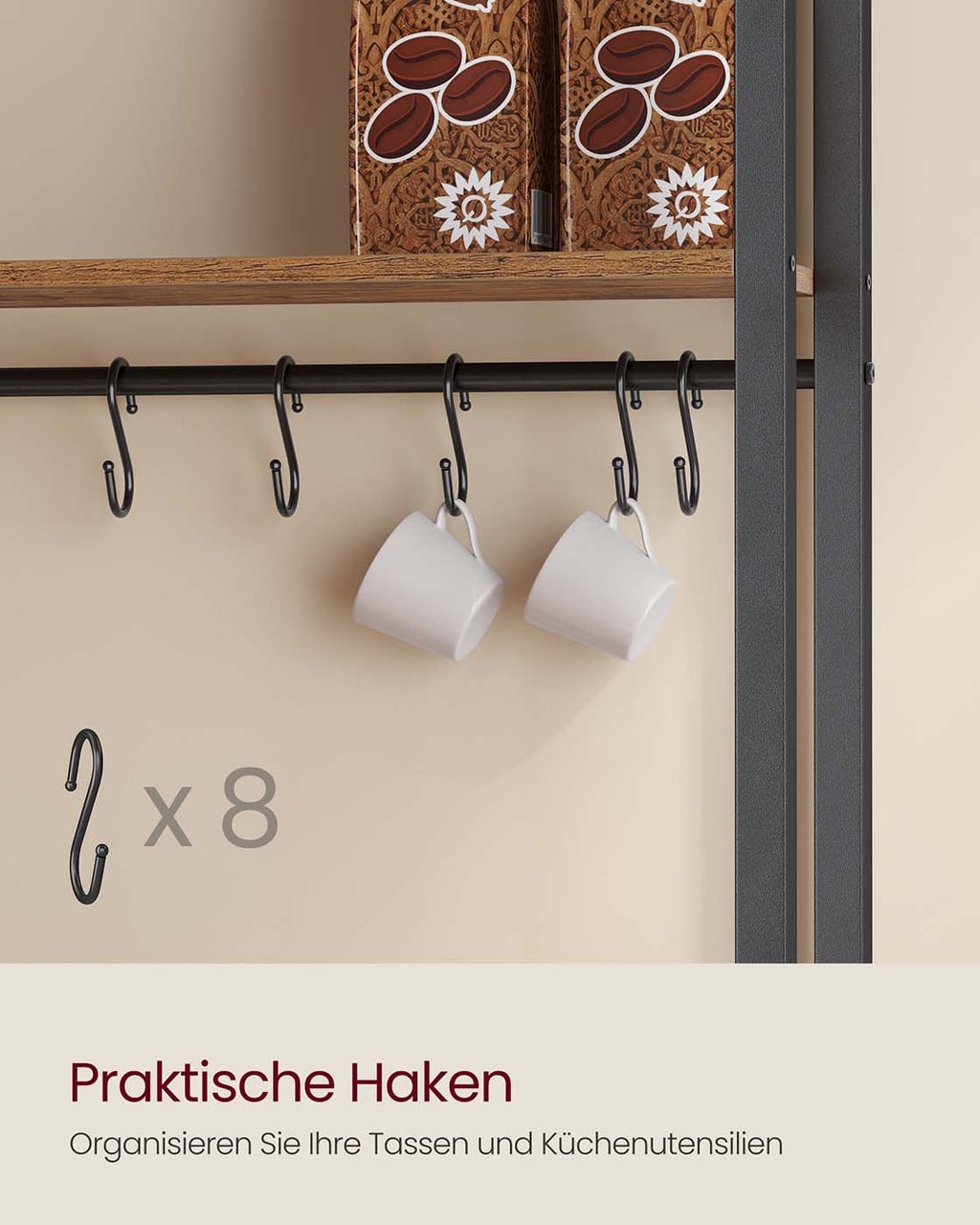 Küchenregal mit Steckdosen und Haken für praktische Aufbewahrung