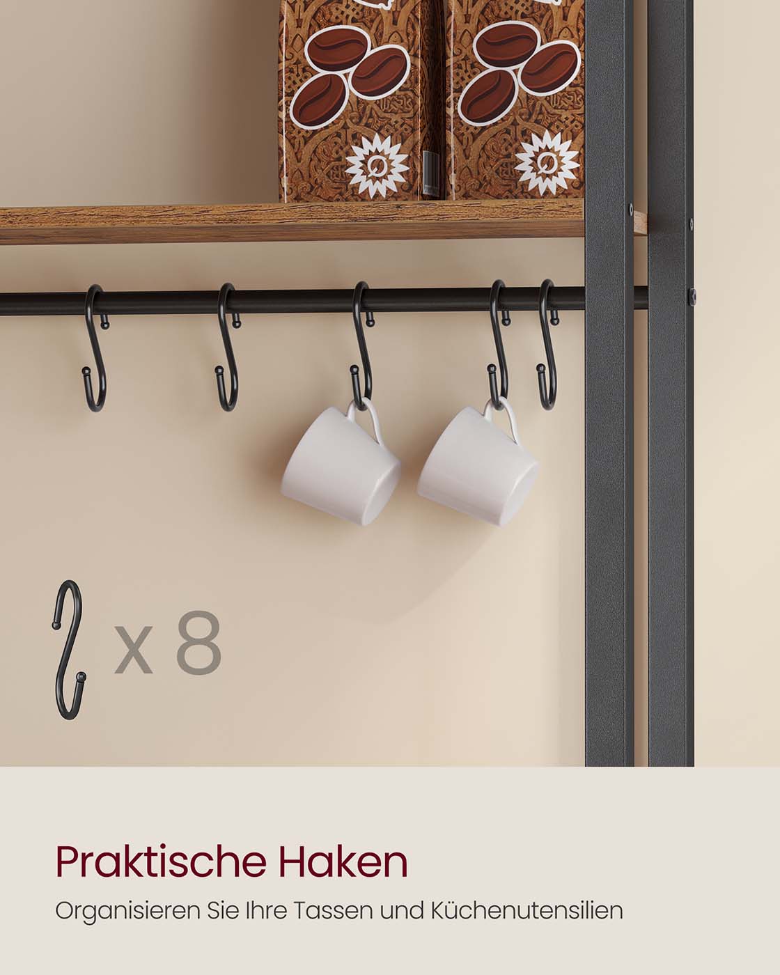 Küchenregal mit Steckdosen und Haken für praktische Aufbewahrung