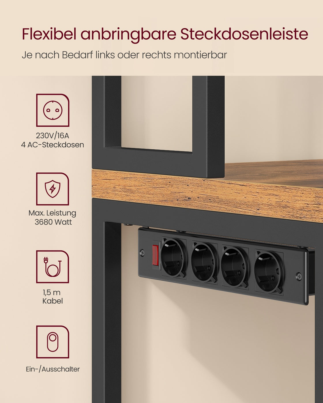 Küchenregal mit Steckdose und 8 Haken vintagebraun-tintenschwarz