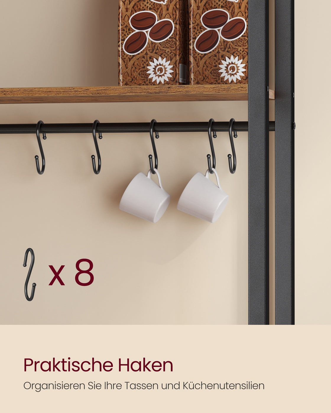 Küchenregal mit Steckdose und 8 Haken vintagebraun-tintenschwarz