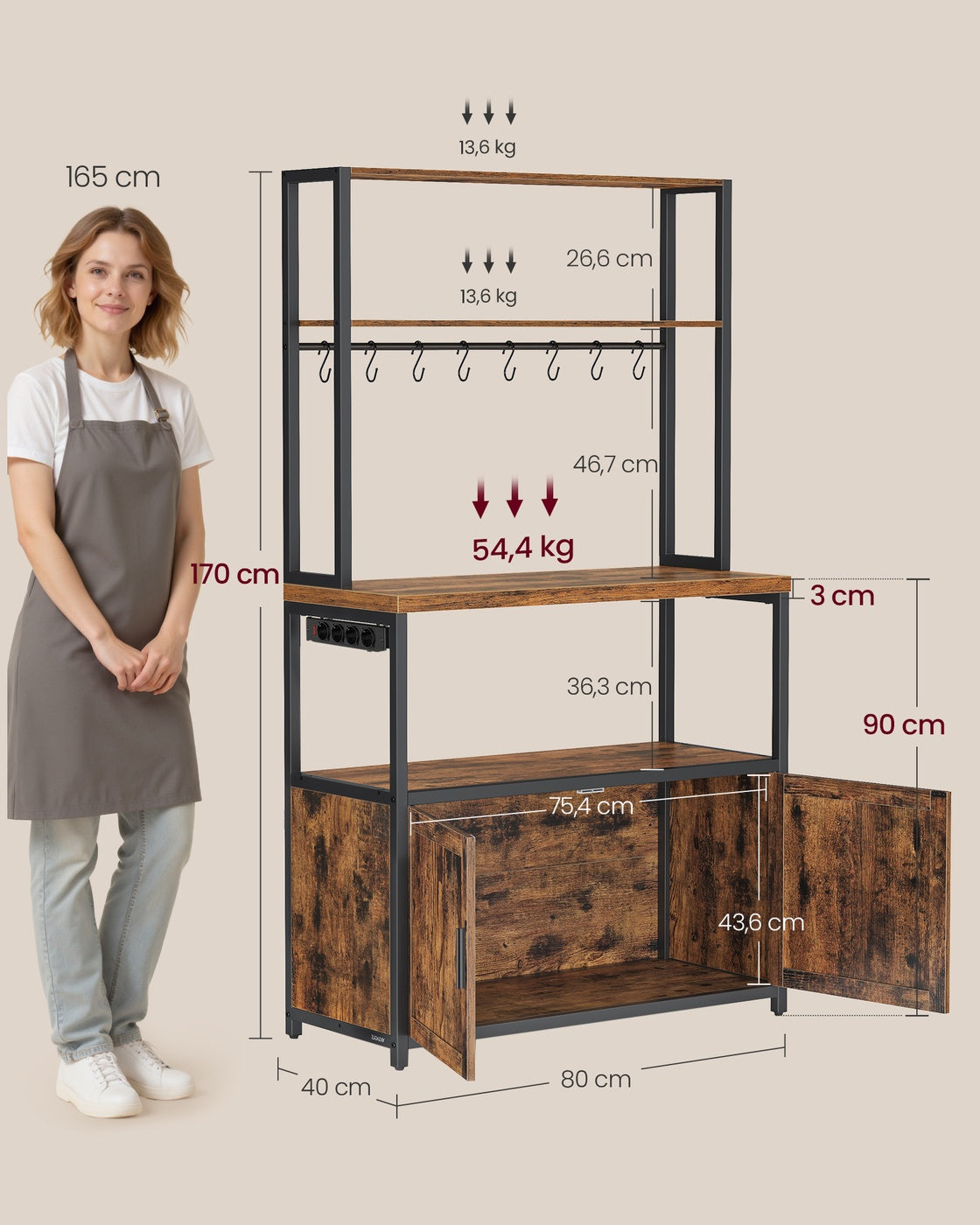 Küchenregal mit Steckdose und 8 Haken vintagebraun-tintenschwarz
