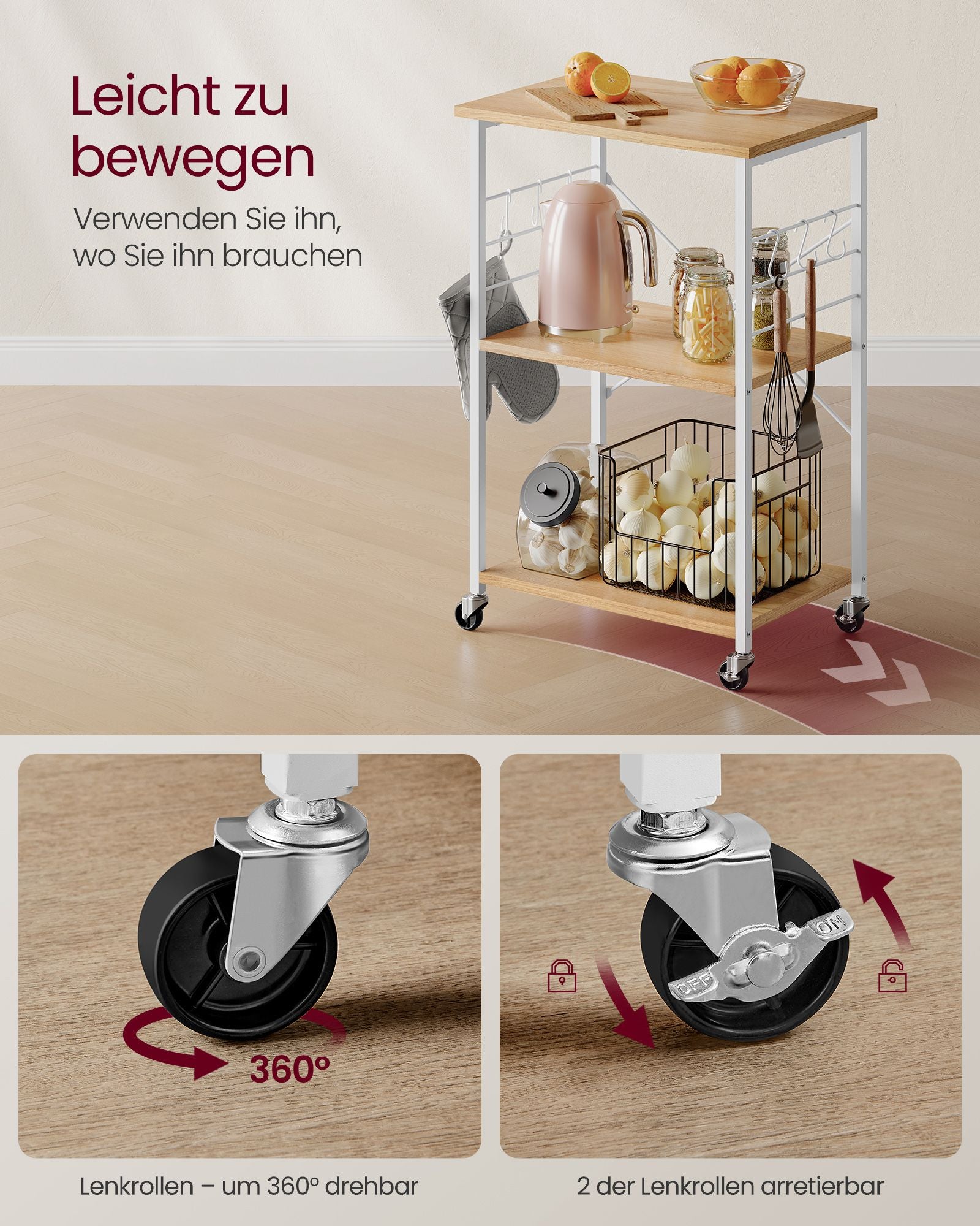 Küchenregal auf Rollen mit 3 Ebenen
