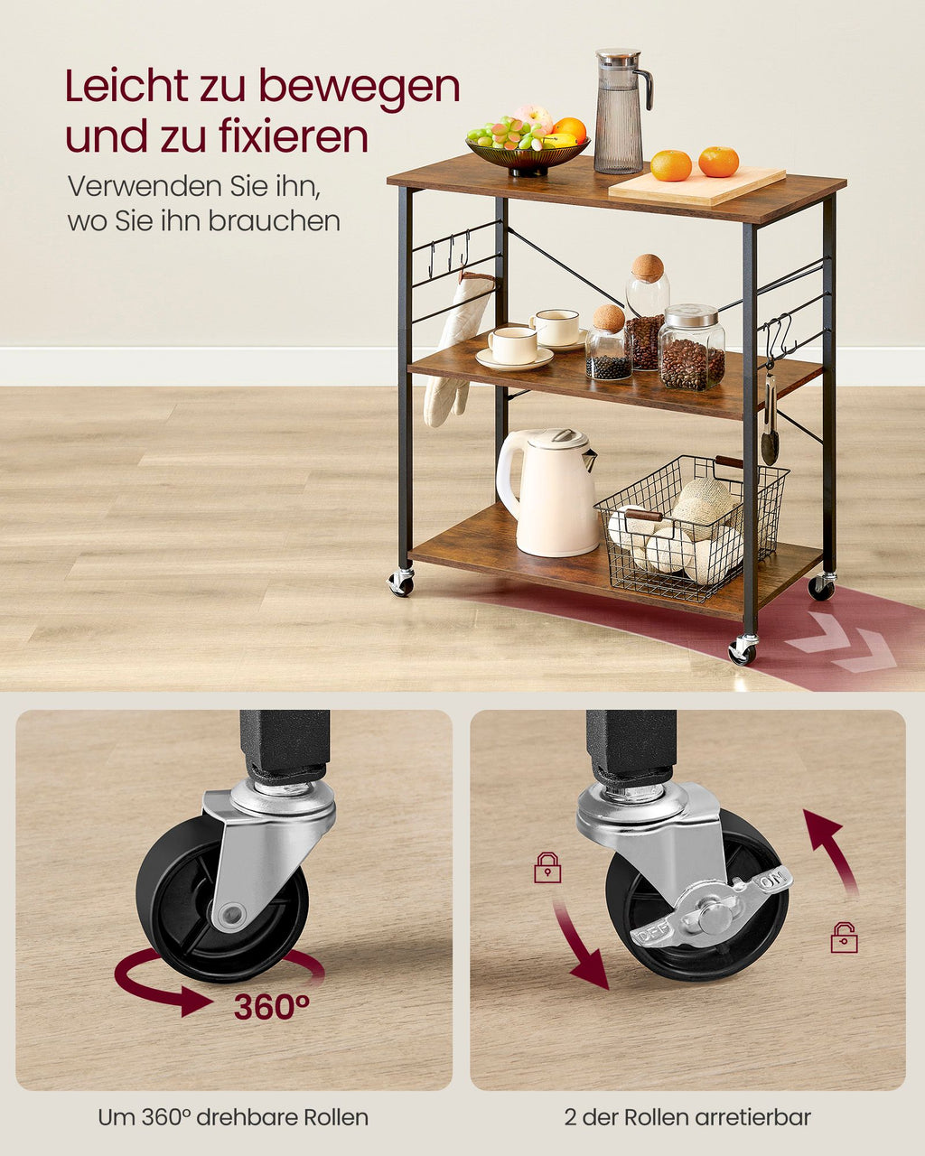 Küchenregal 3 Ebenen auf Rollen vintagebraun-schwarz