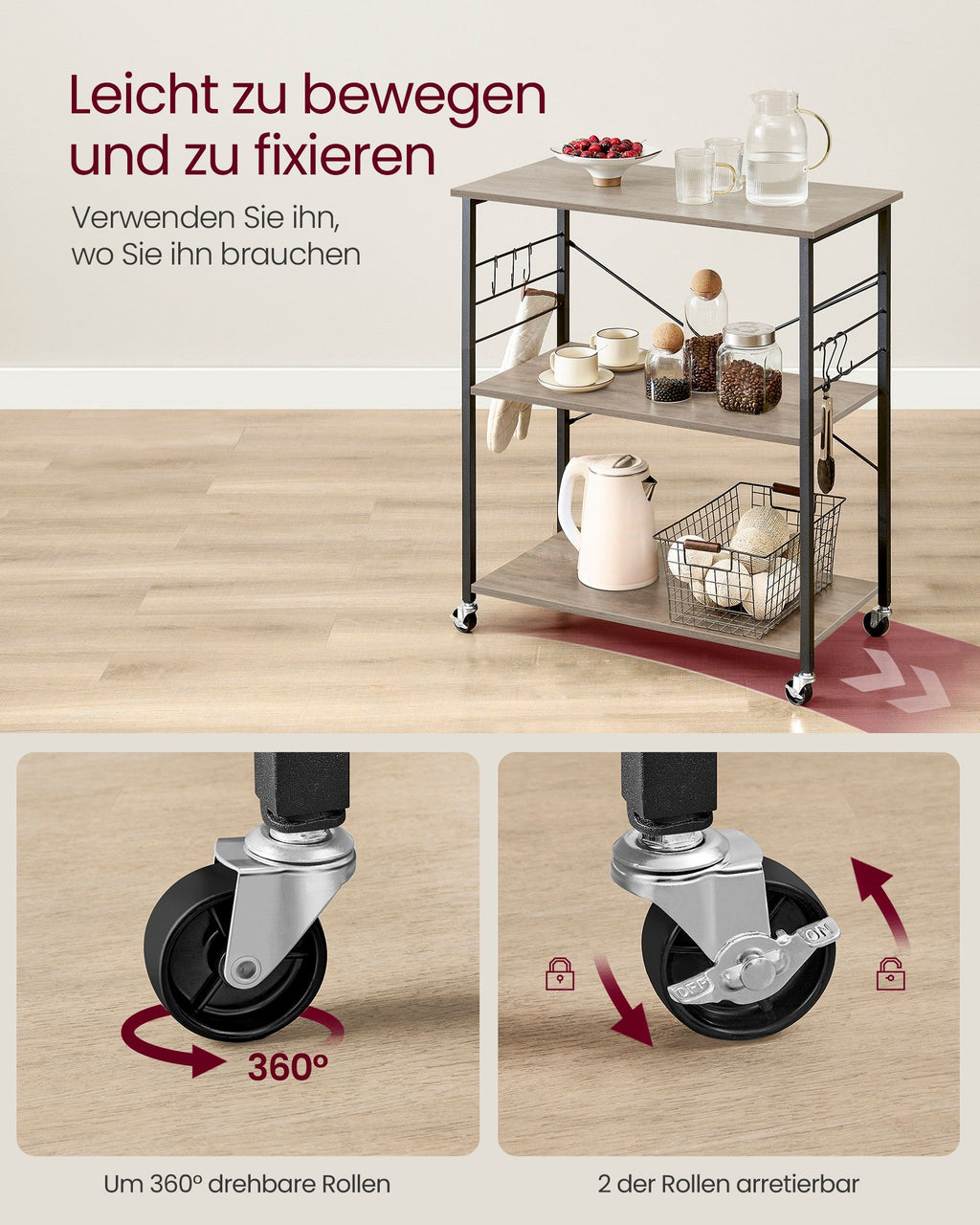 Küchenregal 3 Ebenen auf Rollen greige meliert-schwarz