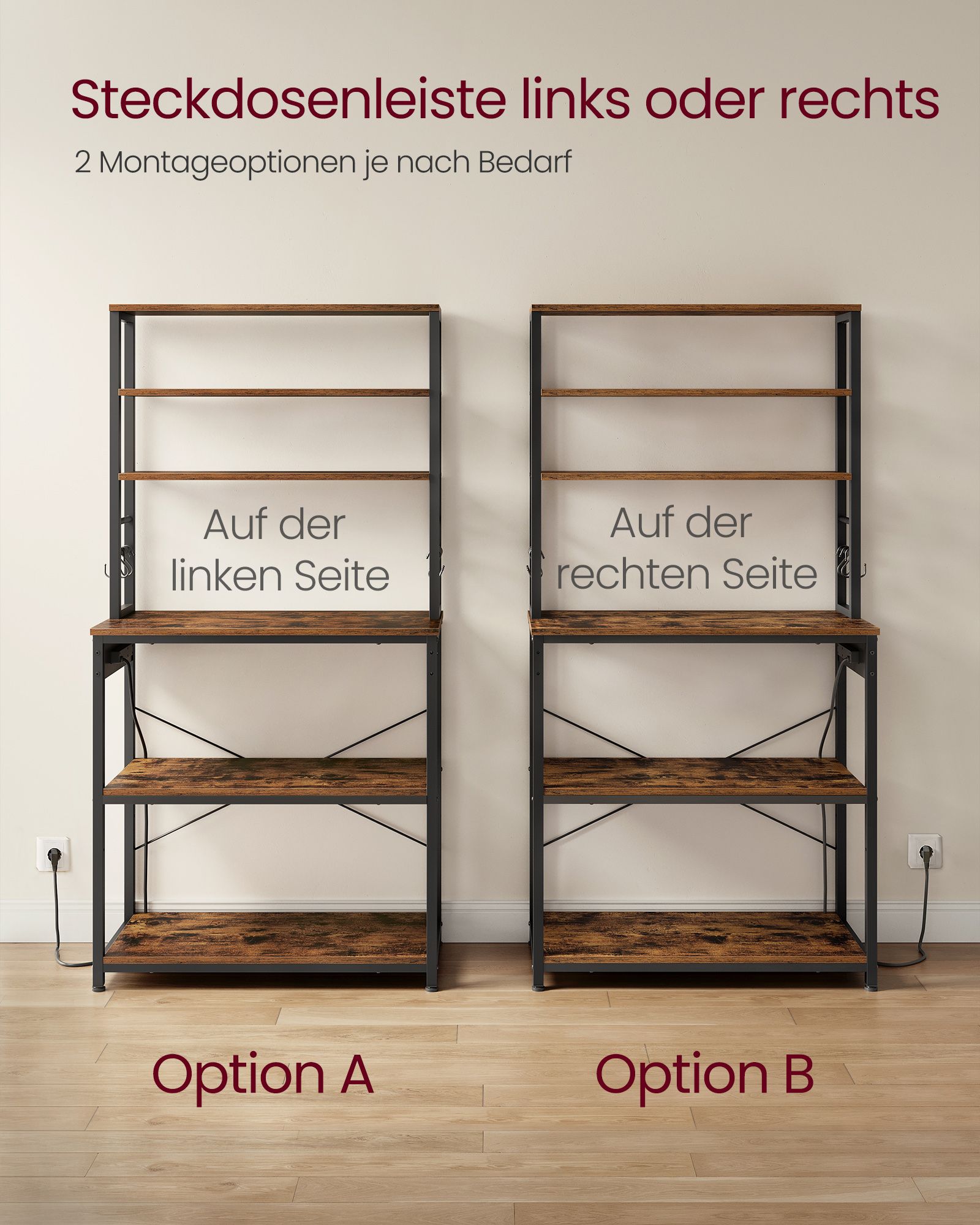 Küchenregal mit Steckdosen vintagebraun-tintenschwarz