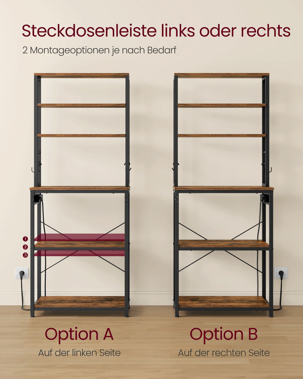 Küchenregal mit Steckdosen vintagebraun-tintenschwarz