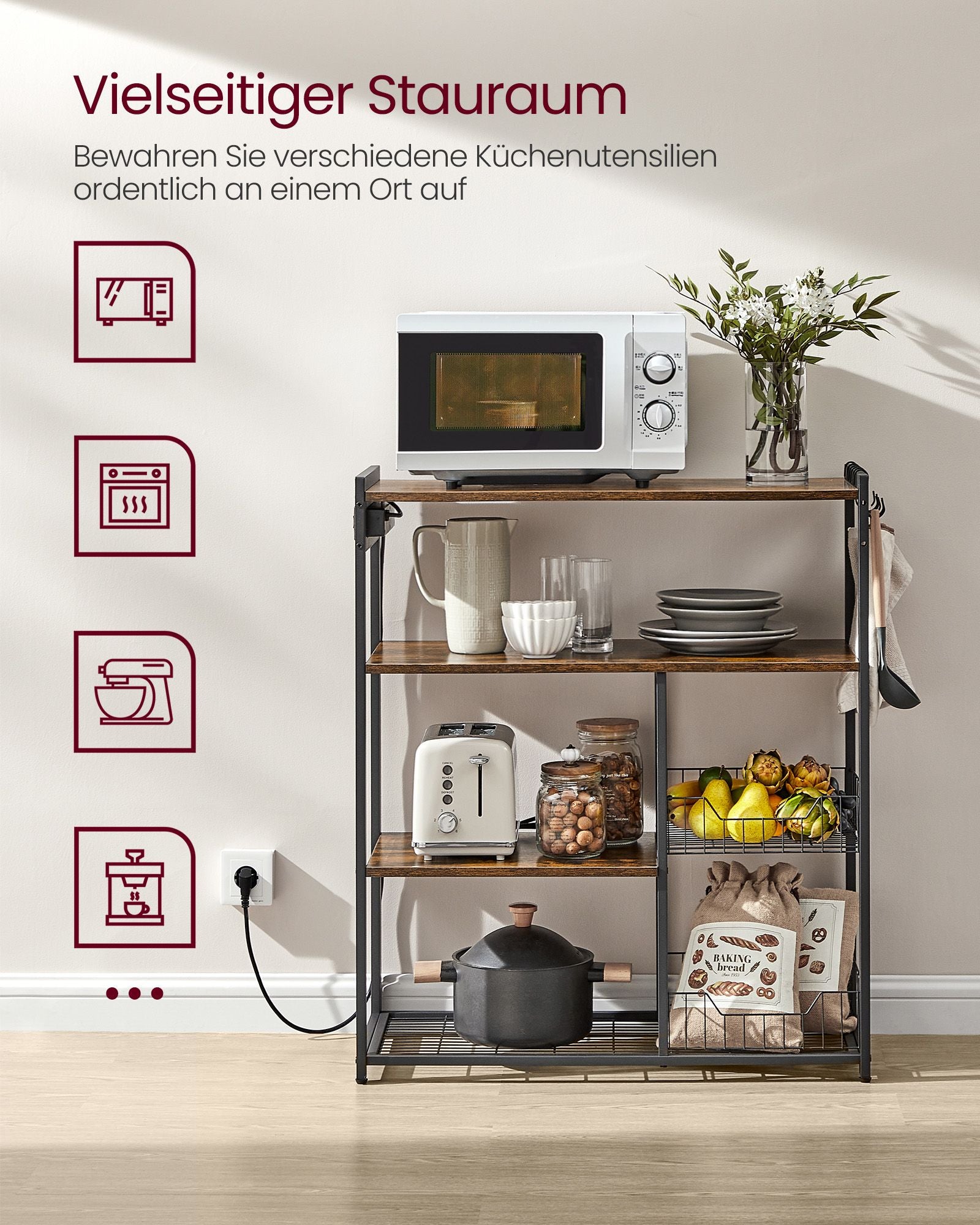 Küchenregal mit Steckdosen vintagebraun-tintenschwarz