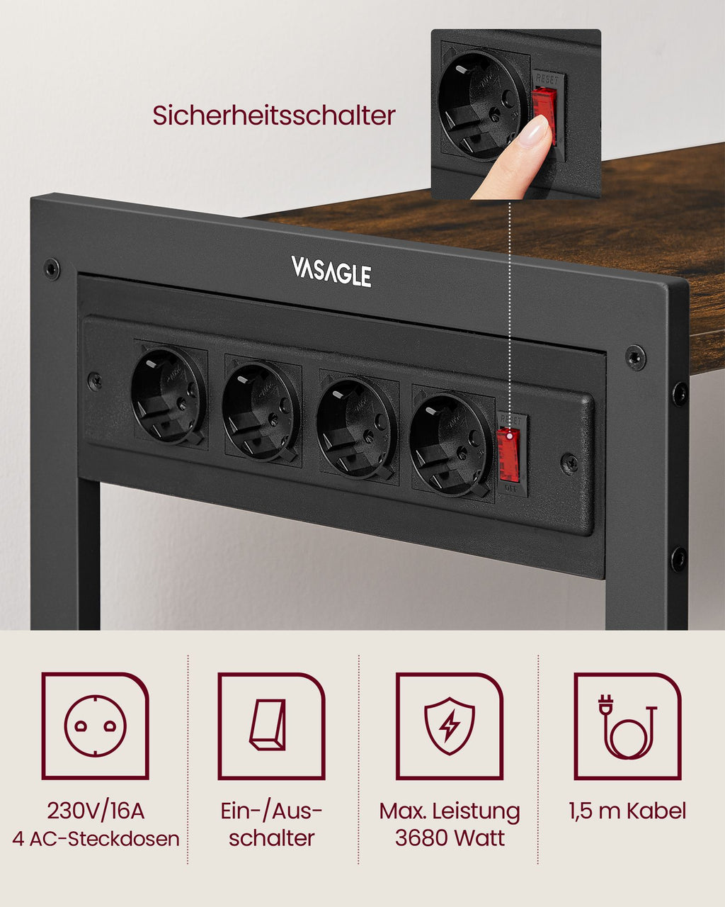 Küchenregal mit Steckdosen vintagebraun-tintenschwarz