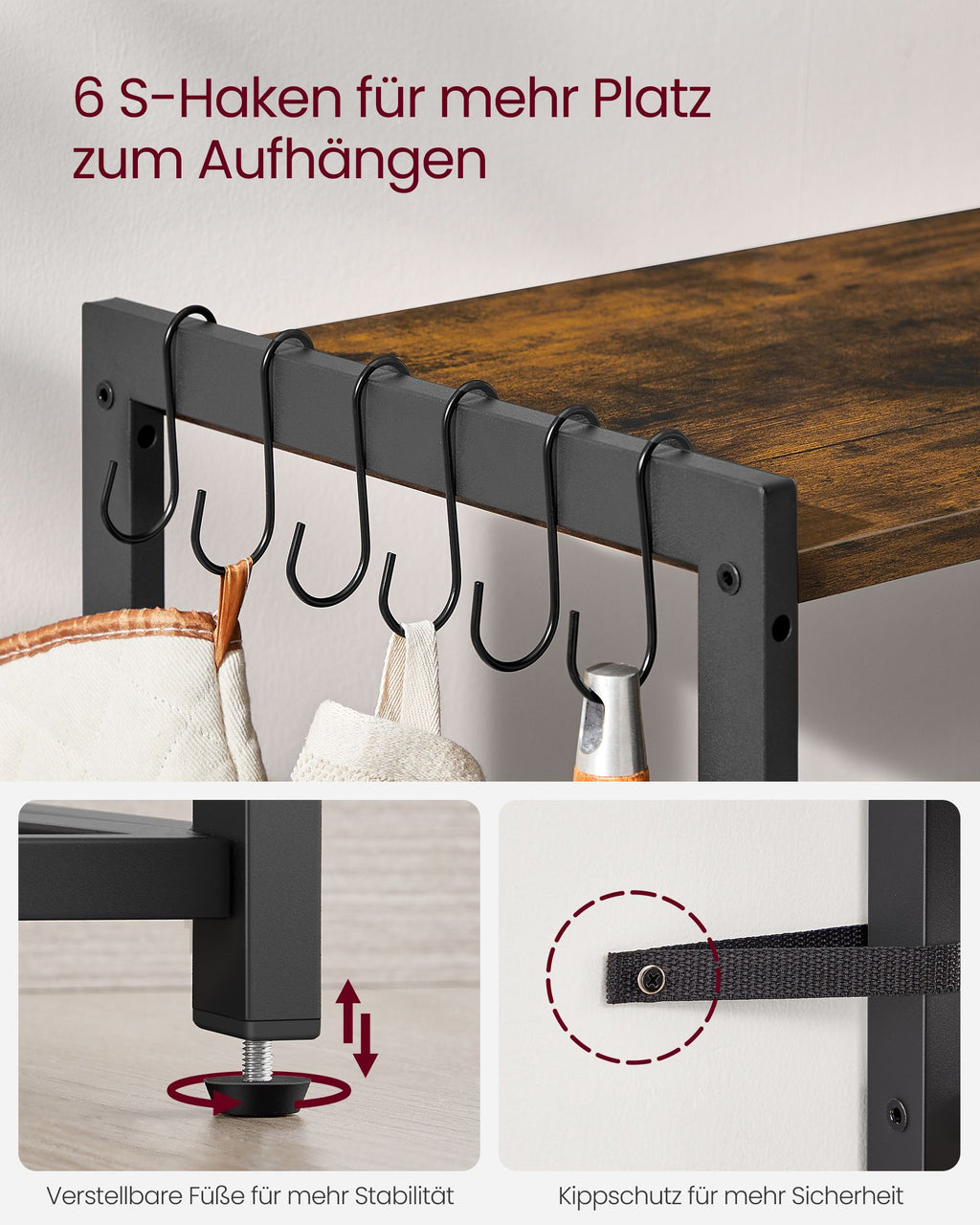 Küchenregal mit Steckdosen vintagebraun-tintenschwarz