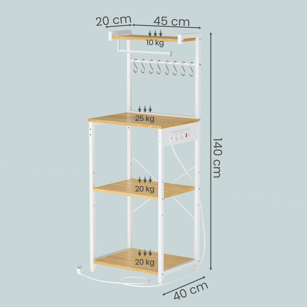 Standregal mit 4 Ebenen, Küchenregal mit Ladestation, 8 Haken