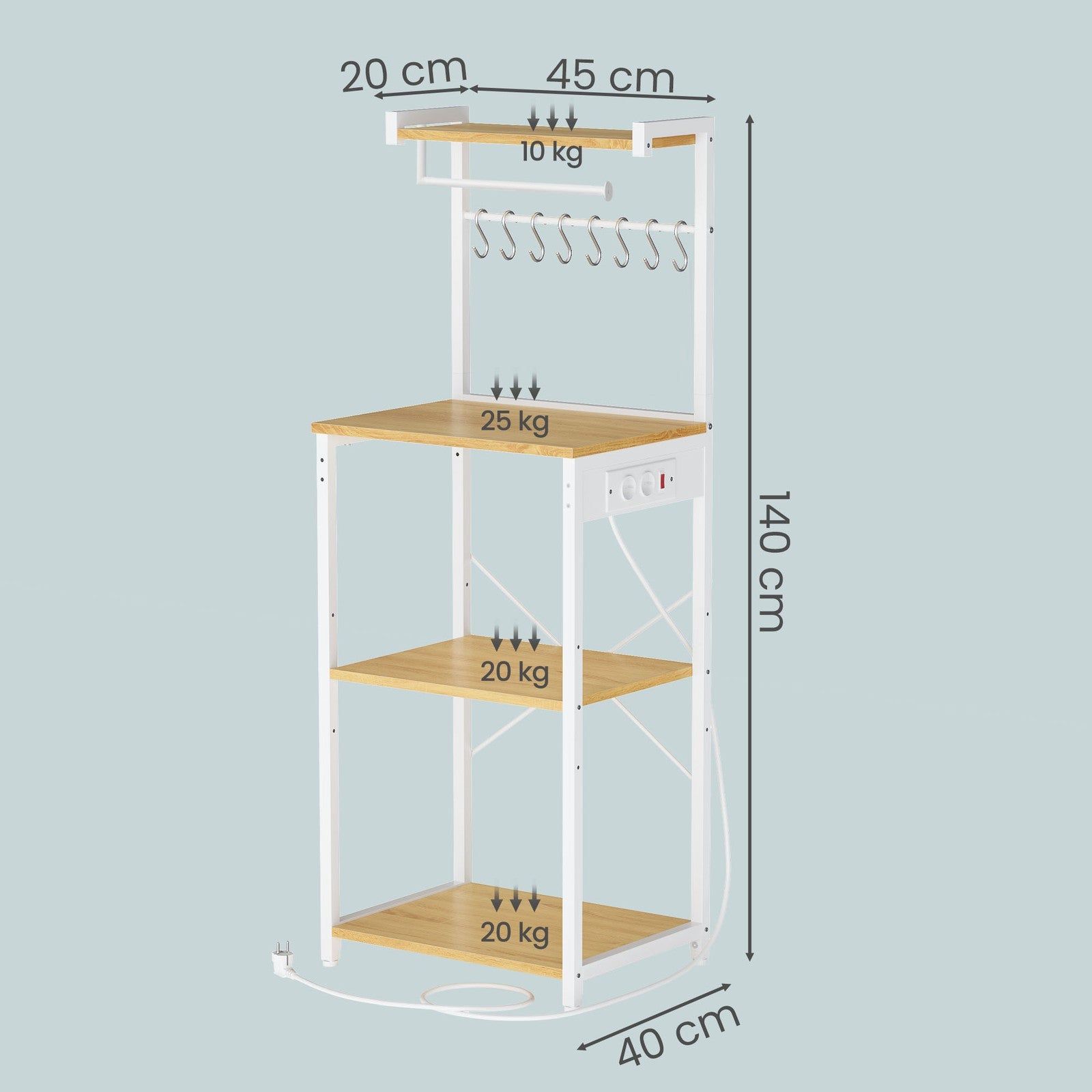 Standregal mit 4 Ebenen, Küchenregal mit Ladestation, 8 Haken