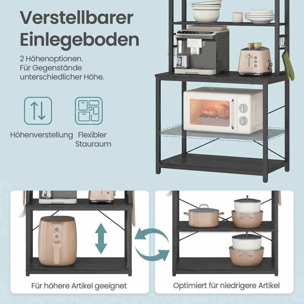 Küchenregal stehend, Standregal für Mikrowellen, 6 Regalebenen und 6 Haken