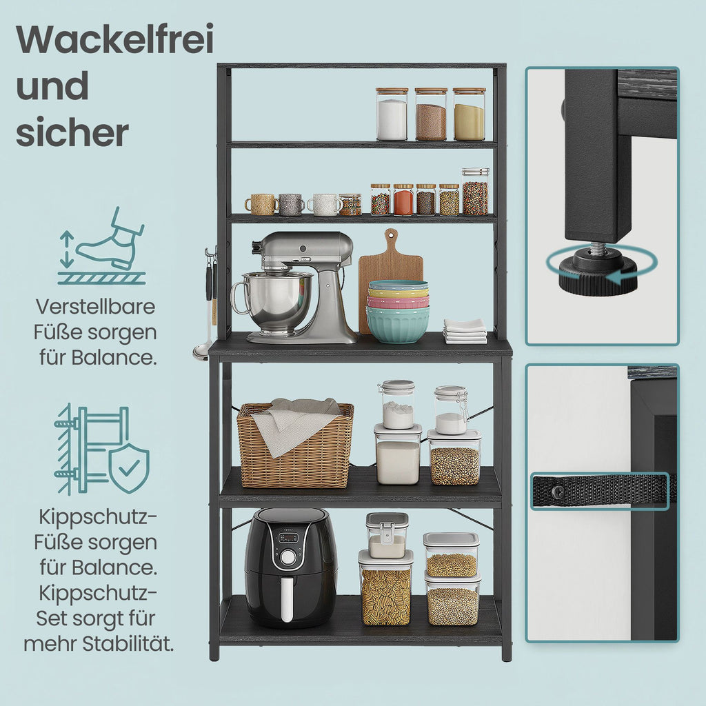 Küchenregal stehend, Standregal für Mikrowellen, 6 Regalebenen und 6 Haken