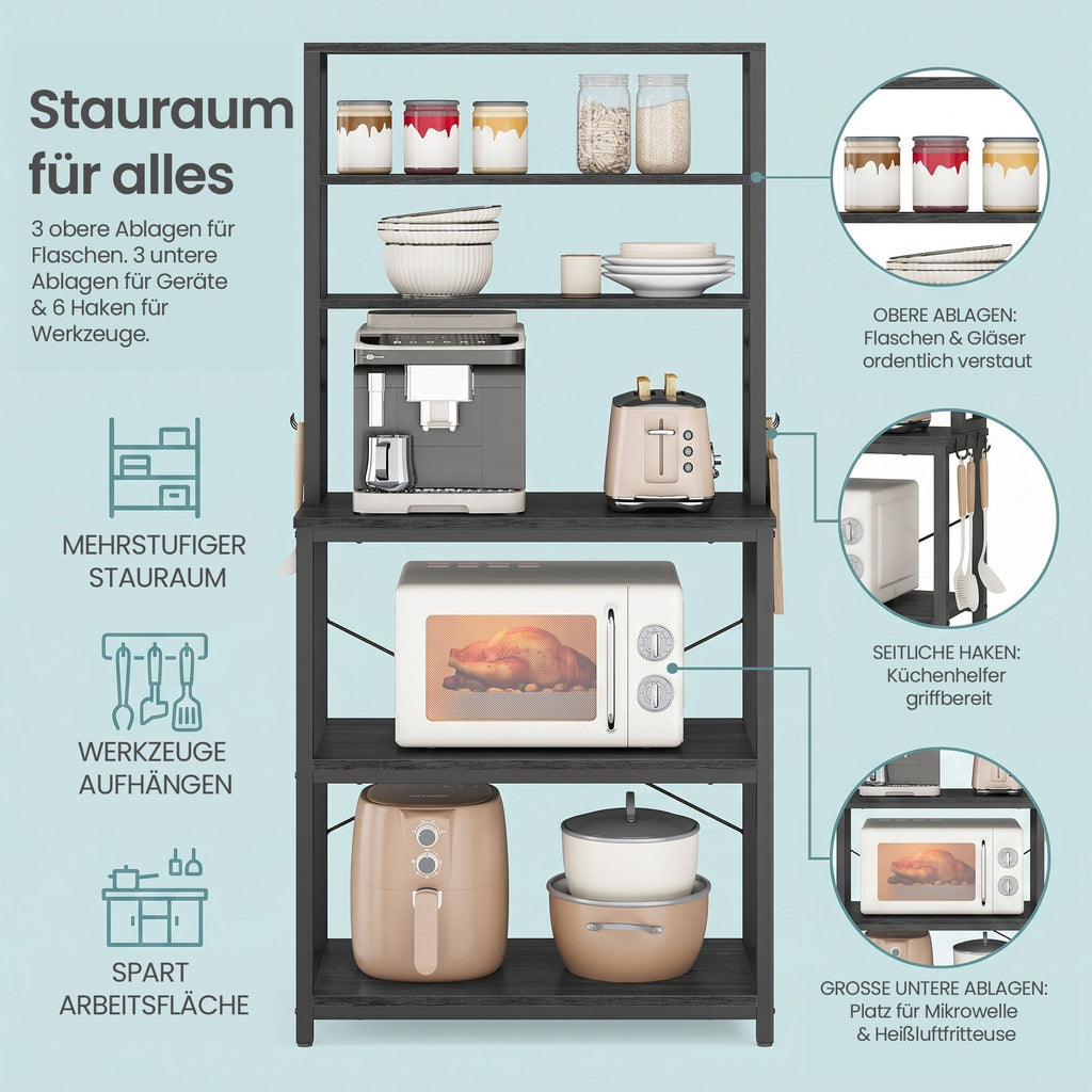 Küchenregal stehend, Standregal für Mikrowellen, 6 Regalebenen und 6 Haken