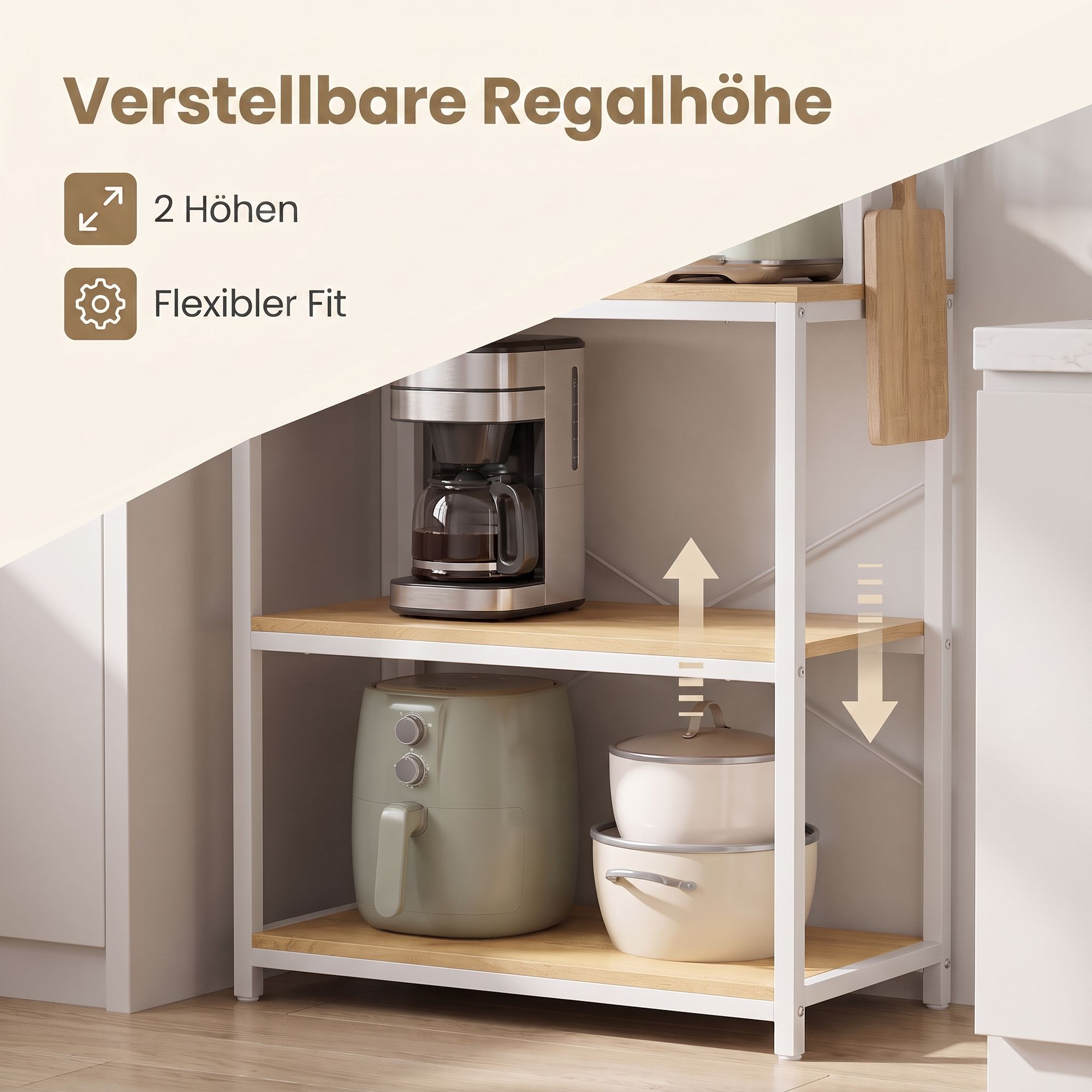 Küchenregal stehend, Standregal für Mikrowellen, 6 Regalebenen und 6 Haken