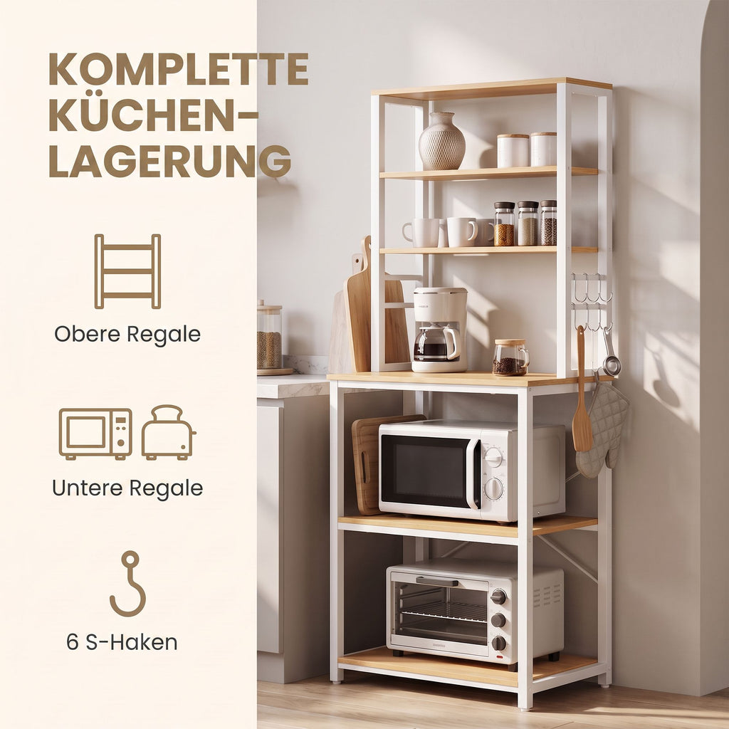 Küchenregal stehend, Standregal für Mikrowellen, 6 Regalebenen und 6 Haken
