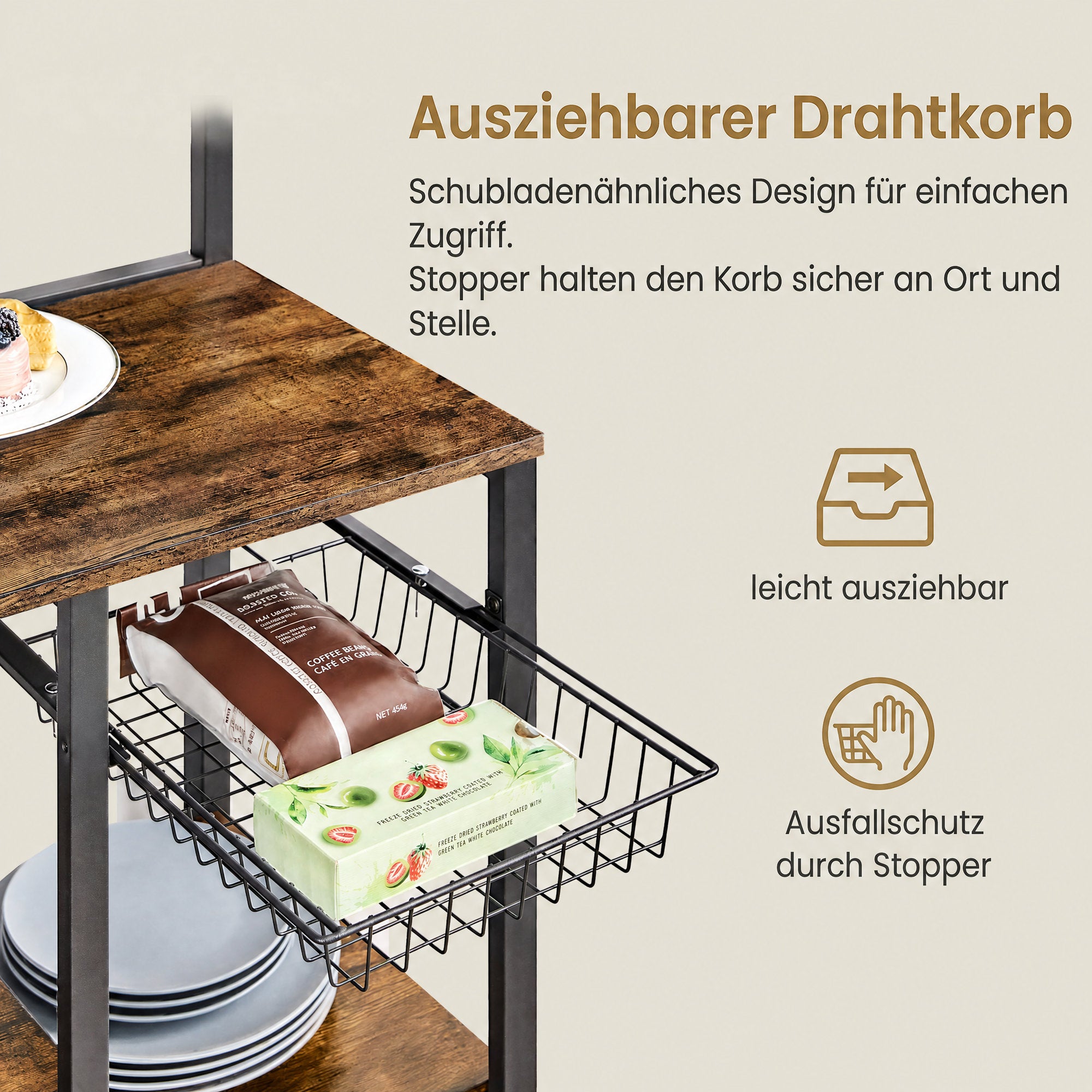 Küchenregal mit Magnetleiste für Messer und 12 Haken vintagebraun-schwarz