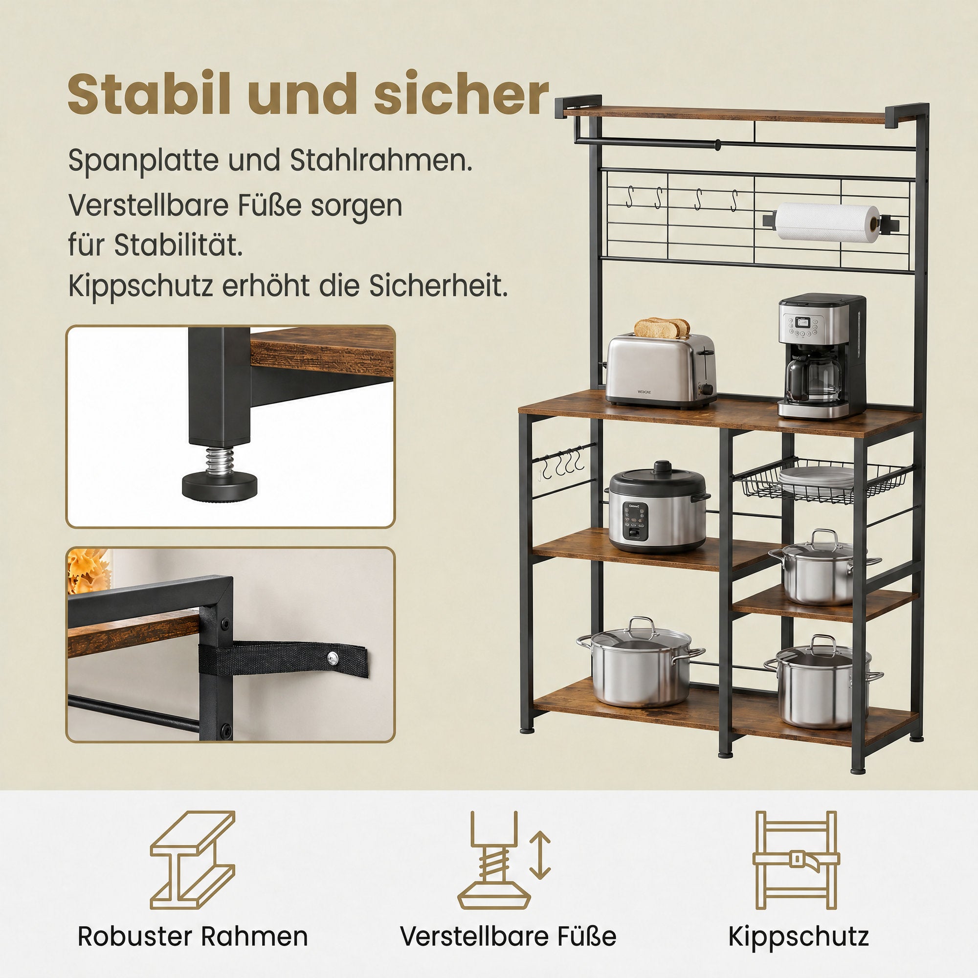 Küchenregal mit Magnetleiste für Messer und 12 Haken vintagebraun-schwarz