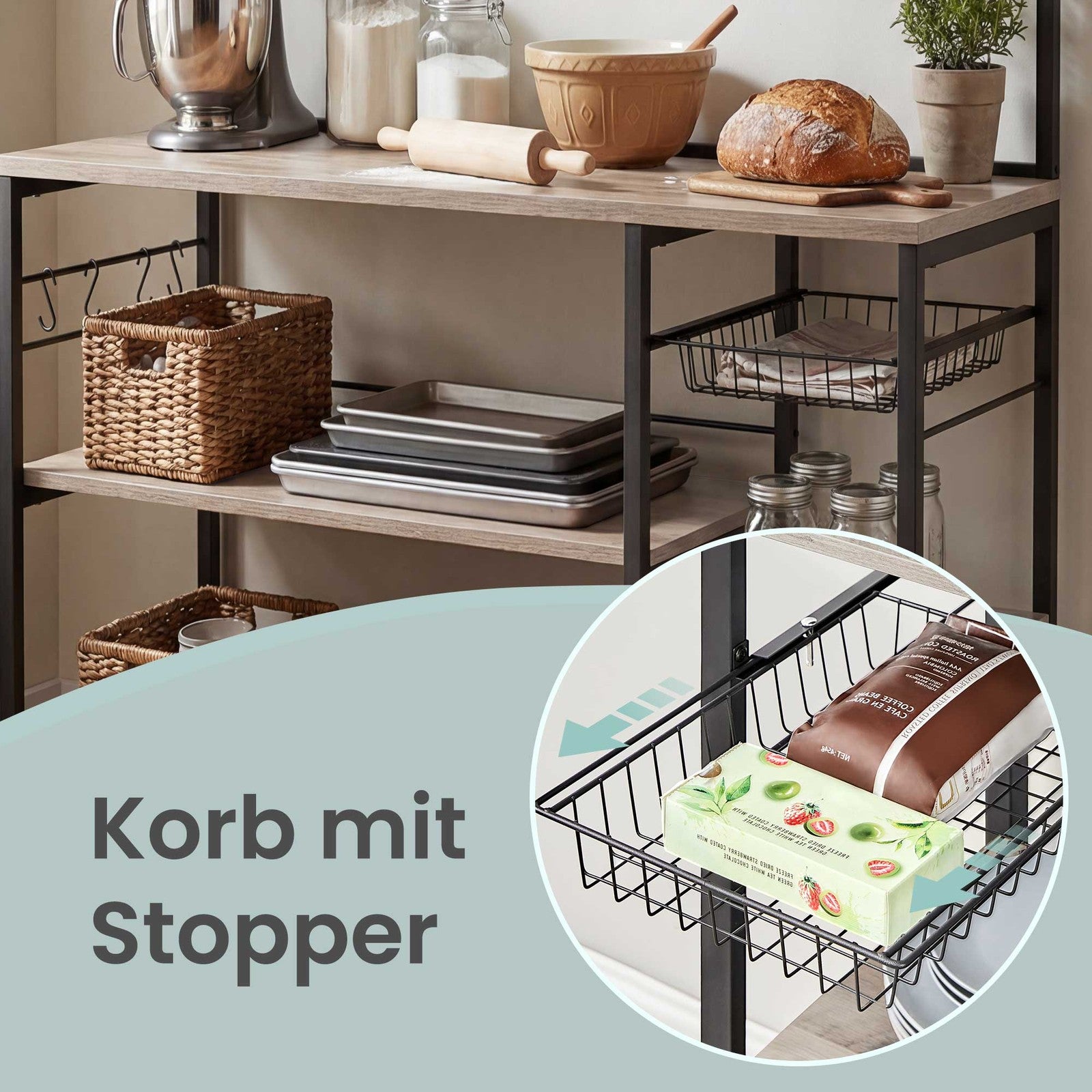 Kücheninsel mit Regal, Magnetleiste für Messer, Drahtkorb