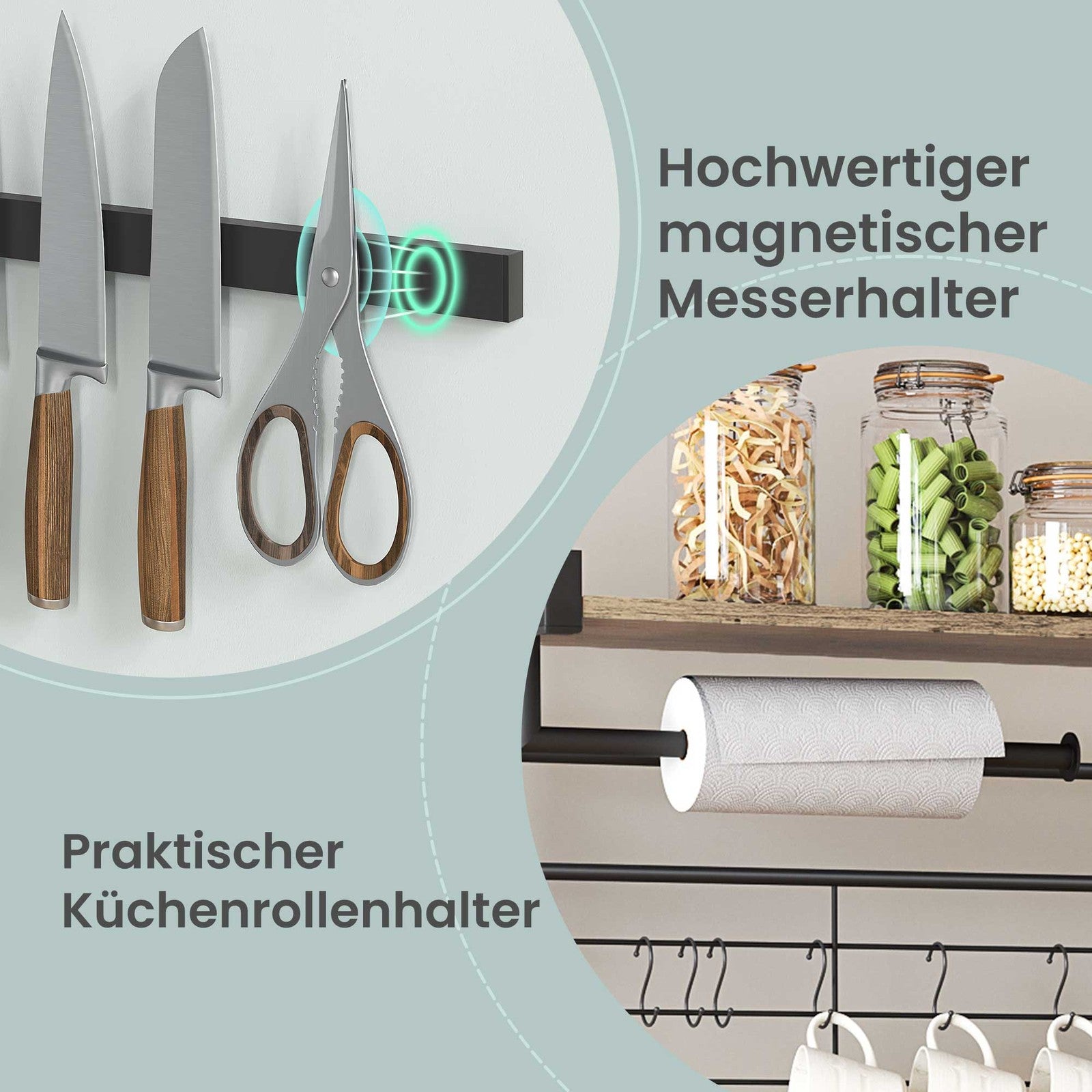 Kücheninsel mit Regal, Magnetleiste für Messer, Drahtkorb