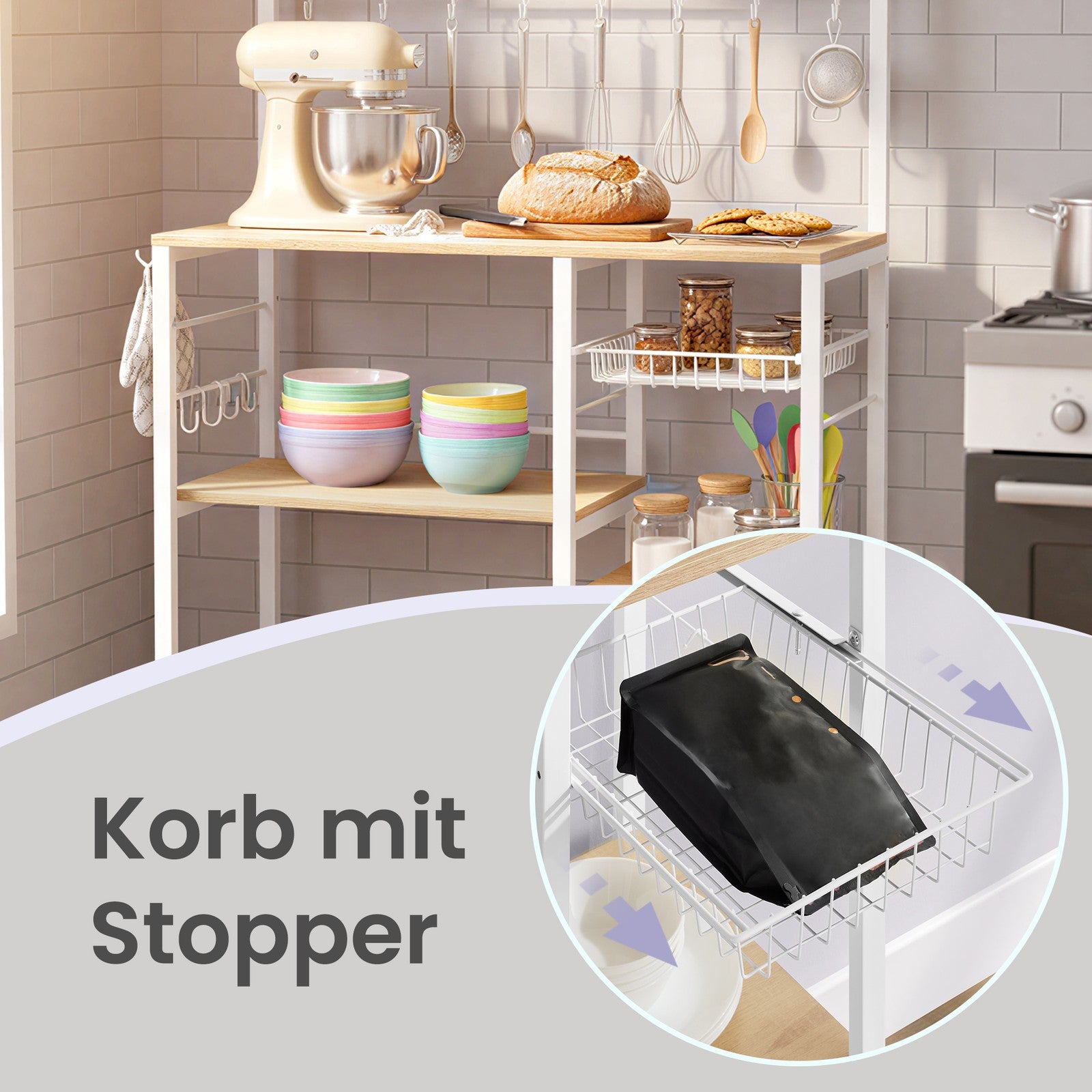 Kücheninsel mit Regal, Magnetleiste für Messer, Drahtkorb