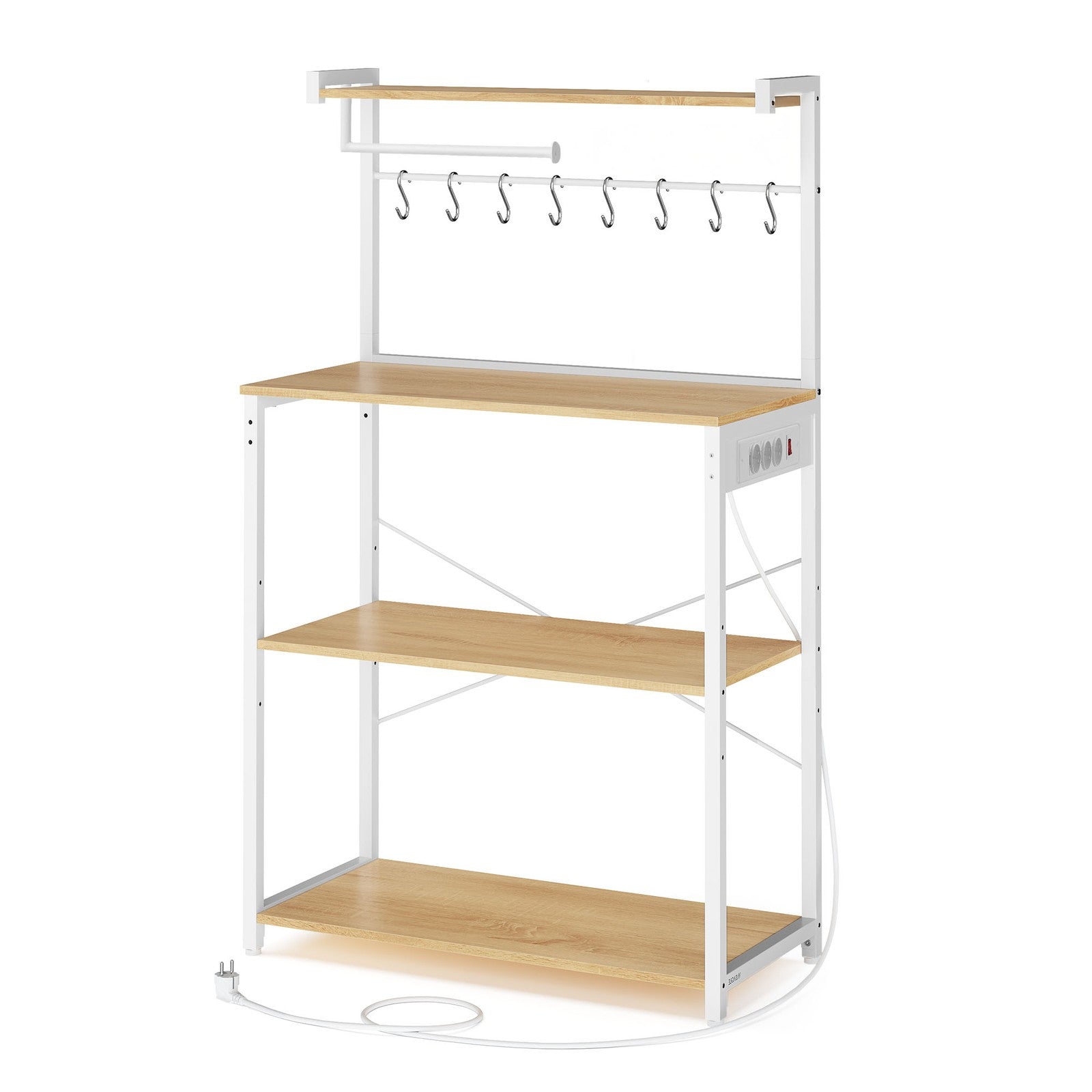 Standregal mit 4 Ebenen, Küchenregal mit Ladestation, 8 Haken