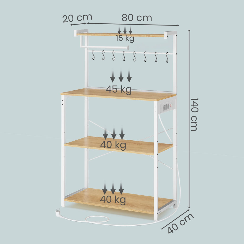 Standregal mit 4 Ebenen, Küchenregal mit Ladestation, 8 Haken