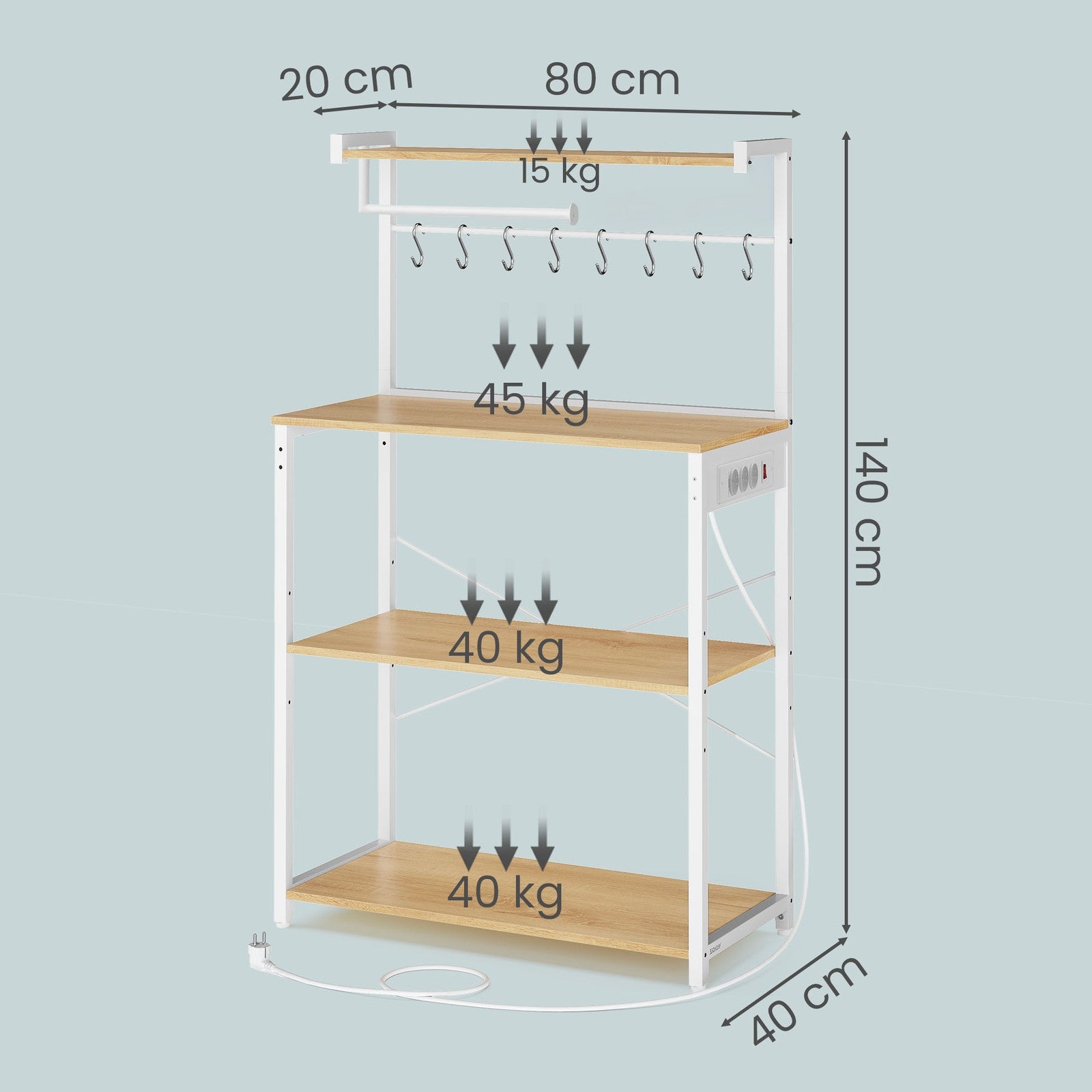 Standregal mit 4 Ebenen, Küchenregal mit Ladestation, 8 Haken
