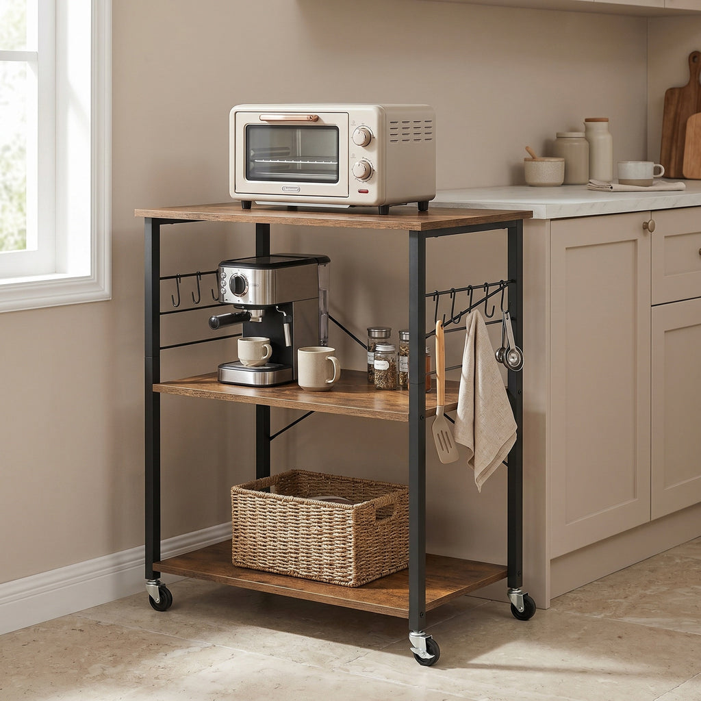 Servierwagen mit 3 Ebenen, Küchenwagen auf Rollen, Mikrowellen