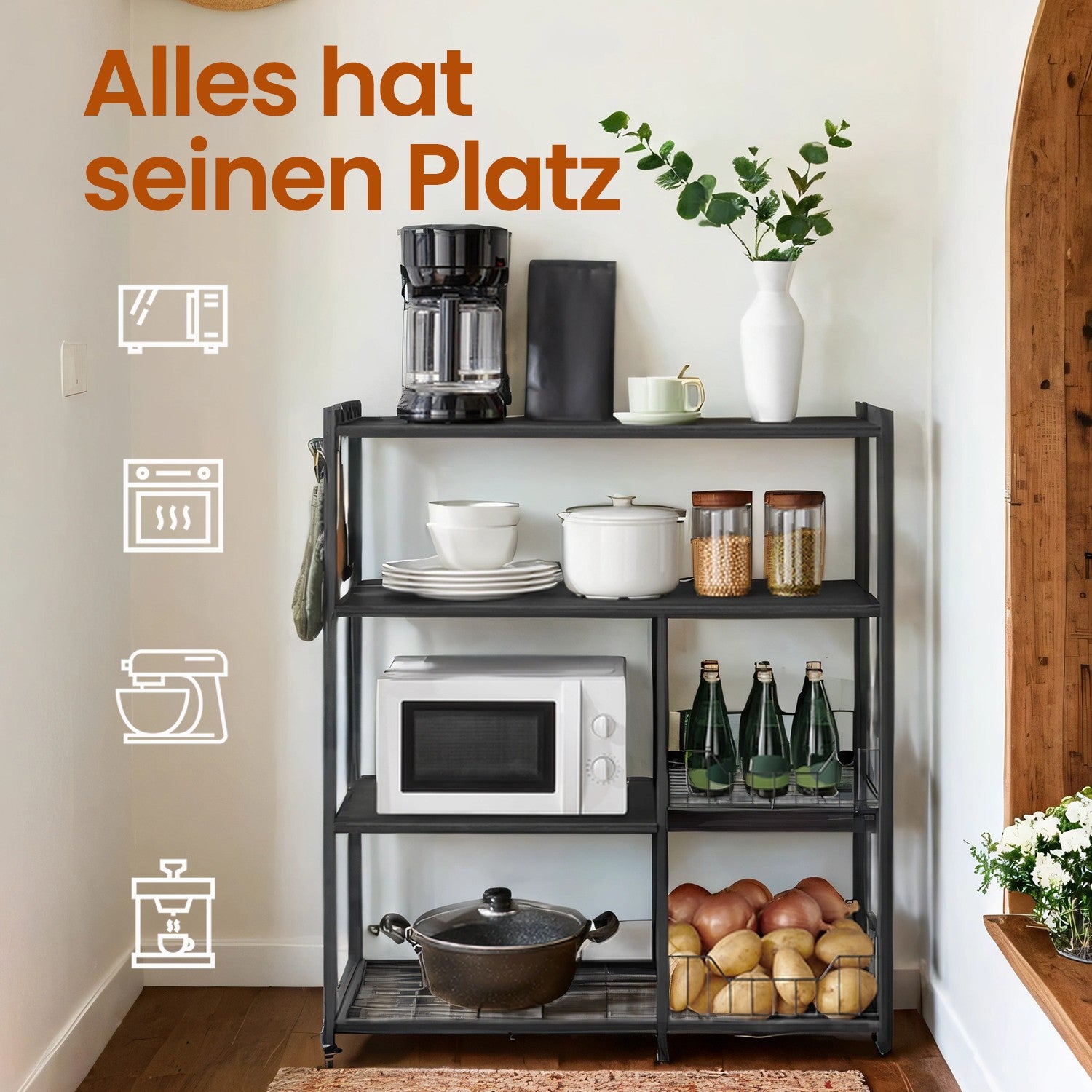 Küchenregal, Standregal, Bäckerregal mit Haken und Regalablagen
