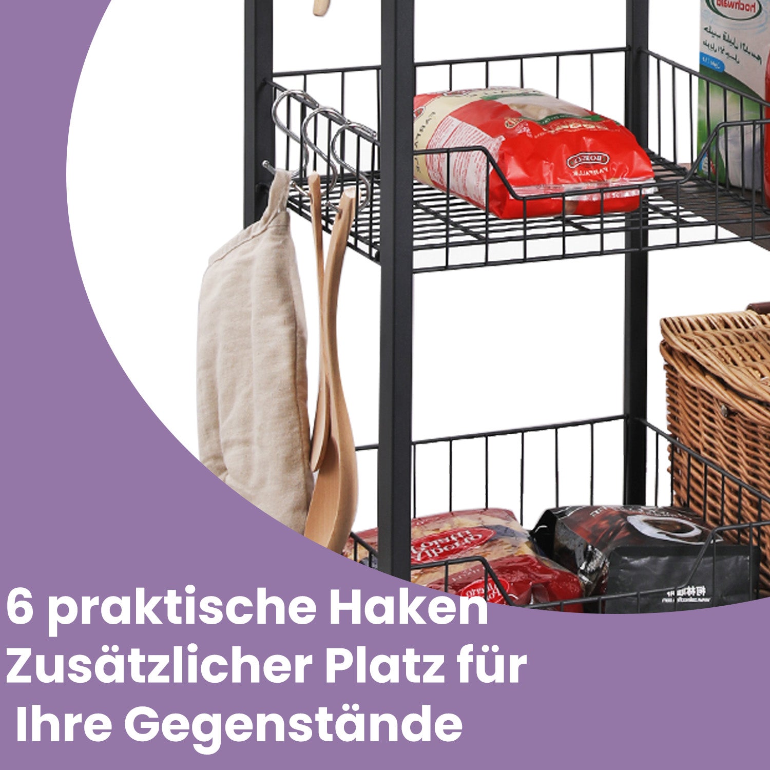 Küchenregal, Standregal, Bäckerregal mit Haken und Regalablagen