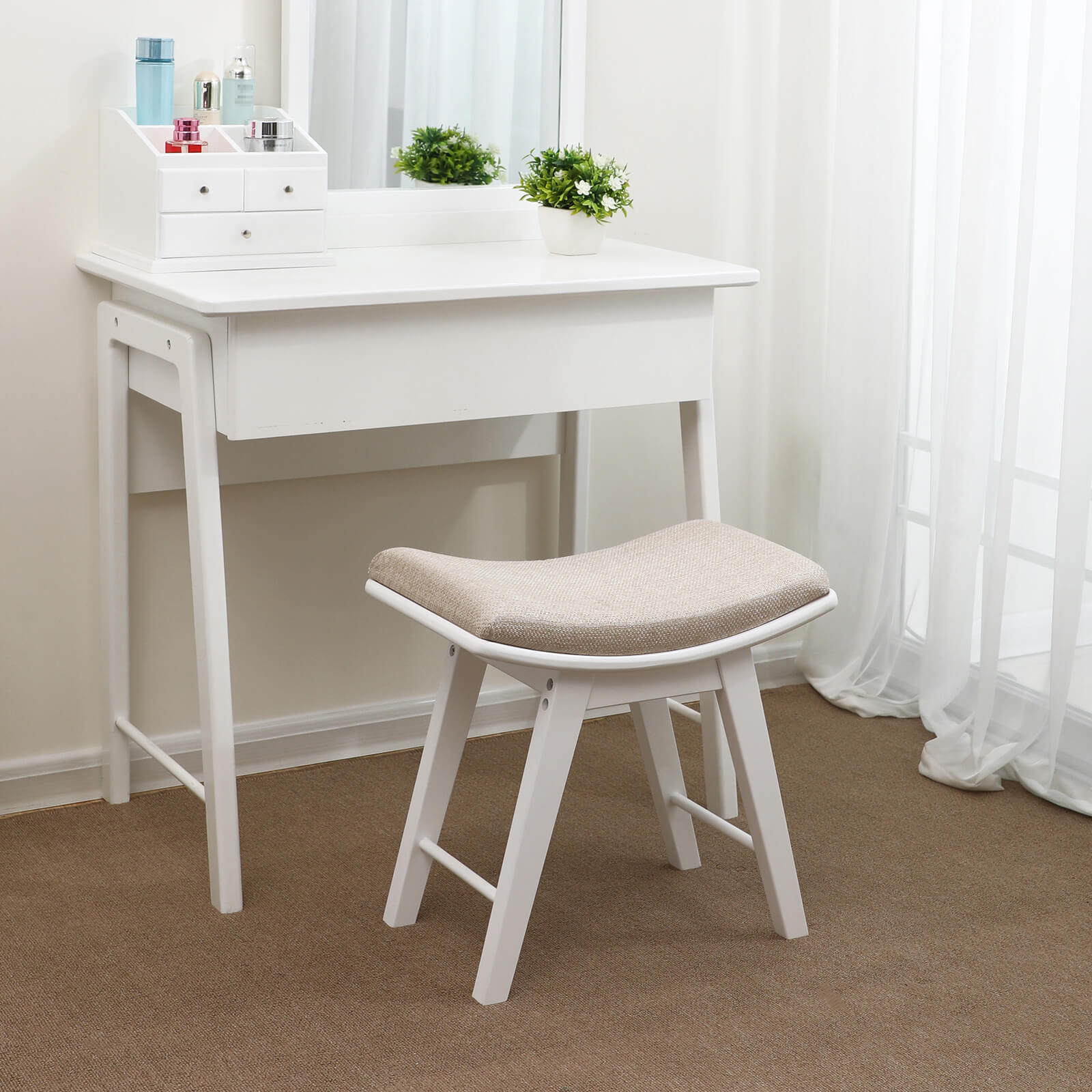 Konkaver Polsterhocker Weiß-Beige